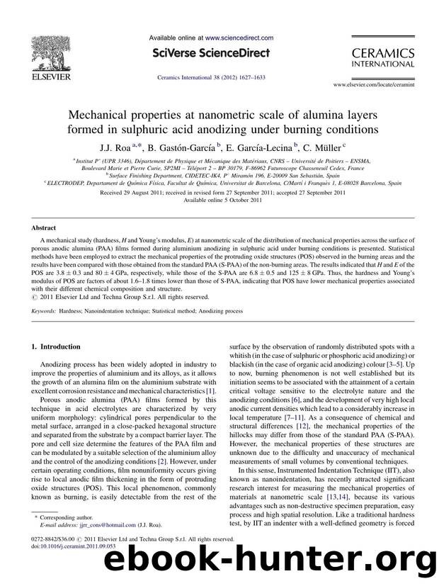 Mechanical properties at nanometric scale of alumina layers formed in sulphuric acid anodizing under burning conditions by J.J. Roa