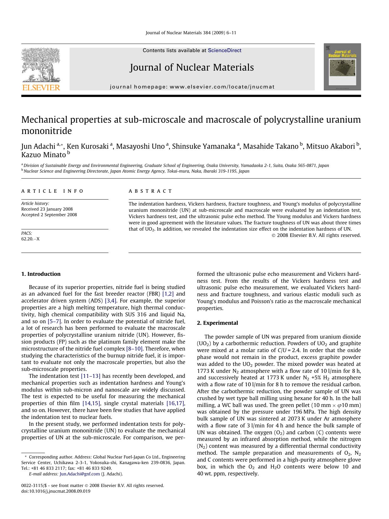 Mechanical properties at sub-microscale and macroscale of polycrystalline uranium mononitride by unknow