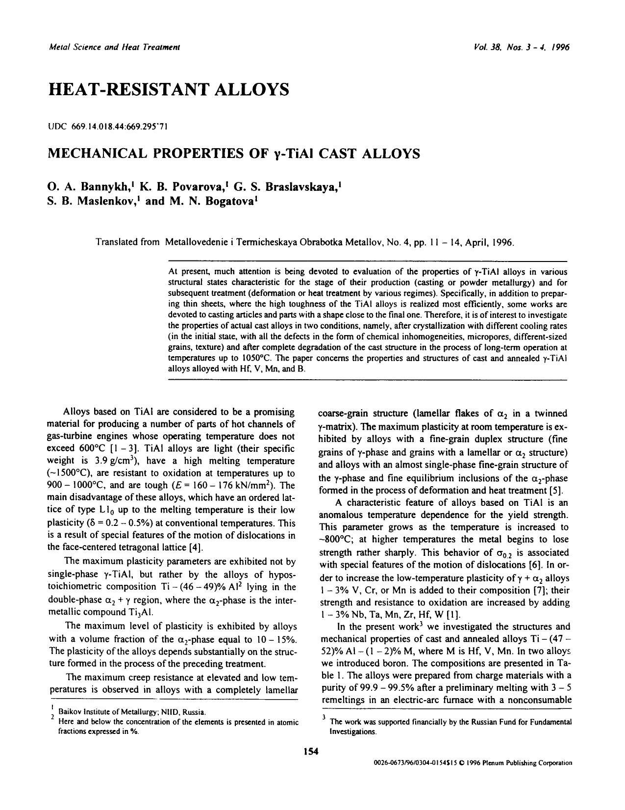 Mechanical properties of γ-TiAl cast alloys by Unknown