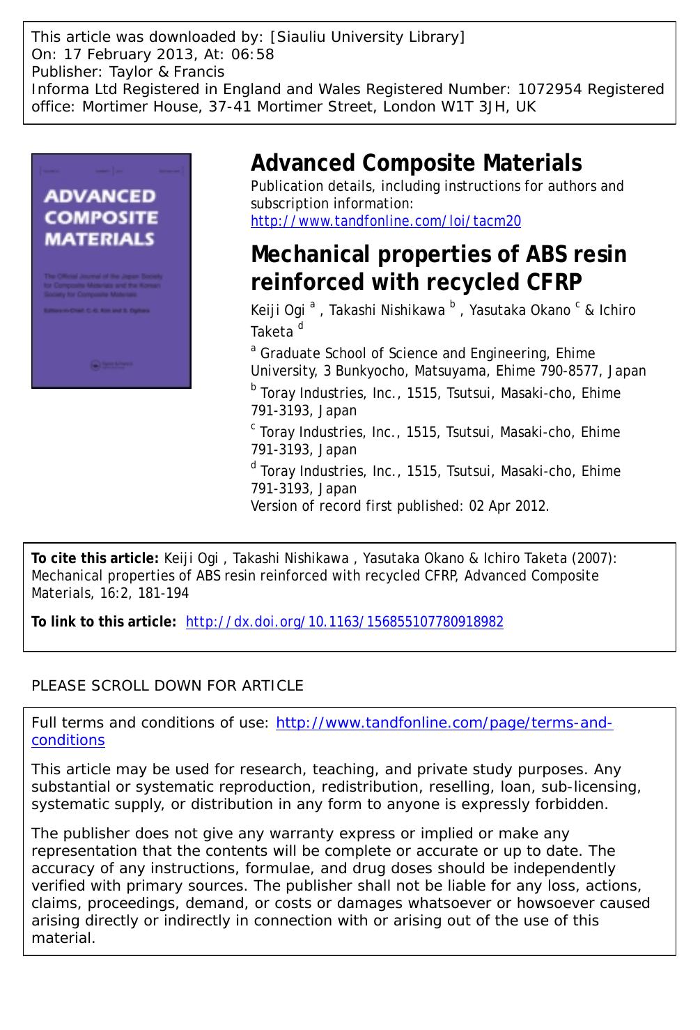 Mechanical properties of ABS resin reinforced with recycled CFRP by Keiji Ogi Takashi Nishikawa Yasutaka Okano & Ichiro Taketa