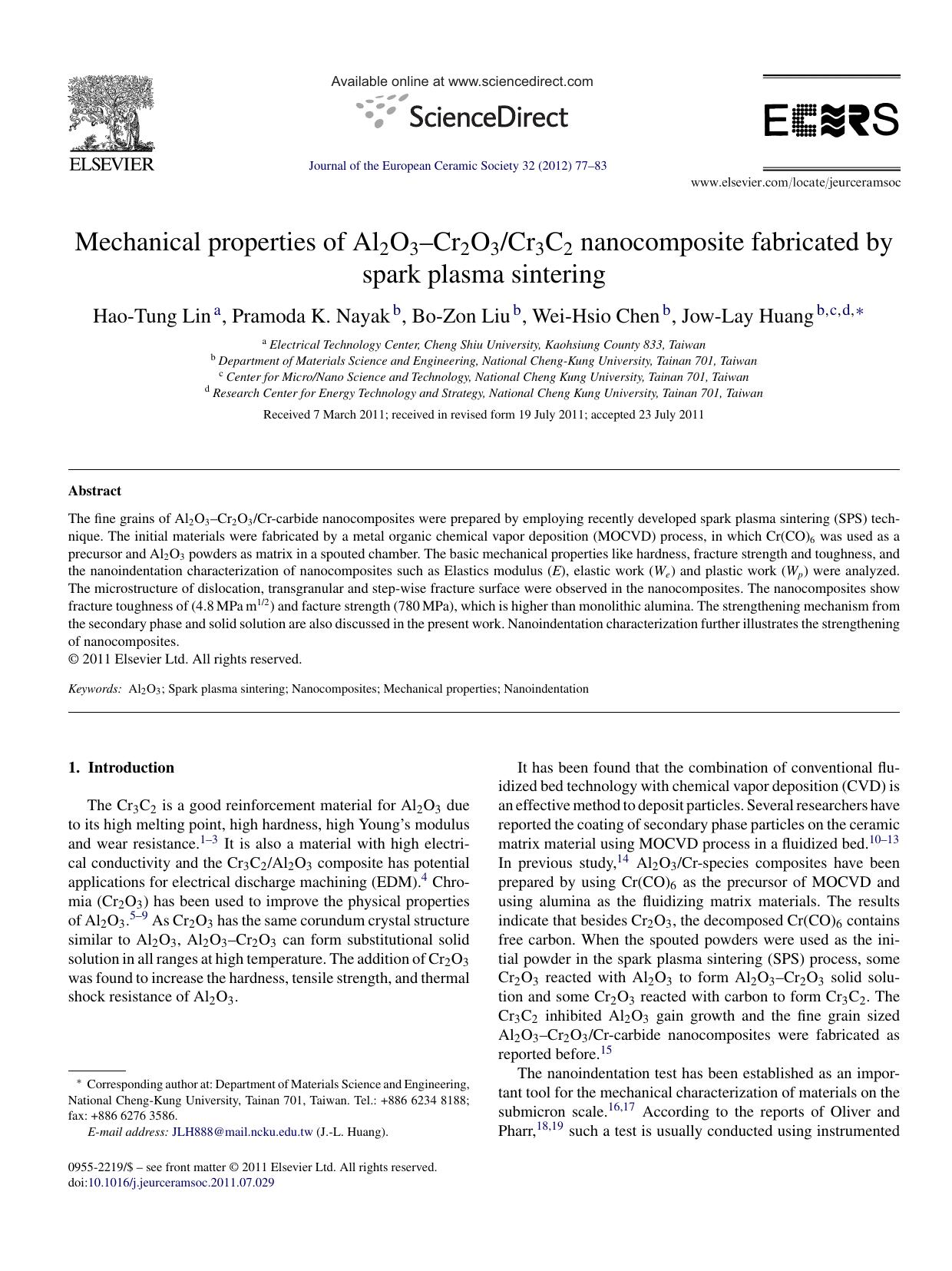 Mechanical properties of Al2O3Ã¢â¬âCr2O3Cr3C2 nanocomposite fabricated by spark plasma sintering by Hao-Tung Lin