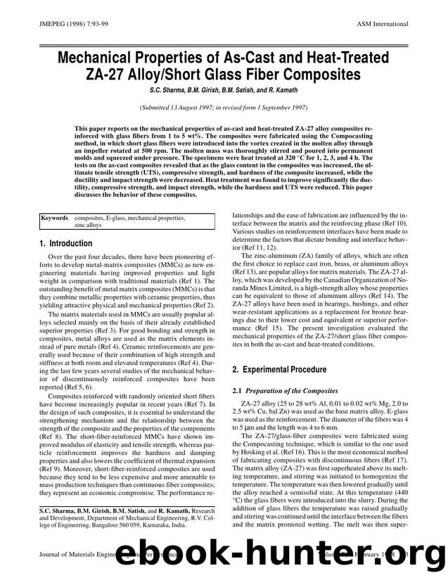 Mechanical properties of As-cast and heat-treated ZA-27 alloyshort glass fiber composites by Unknown