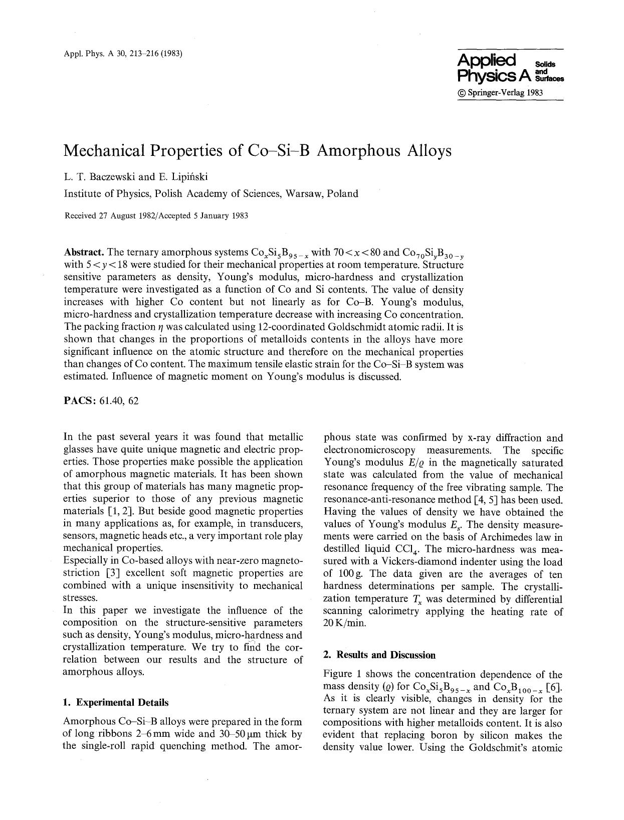 Mechanical properties of Co-Si-B amorphous alloys by Unknown