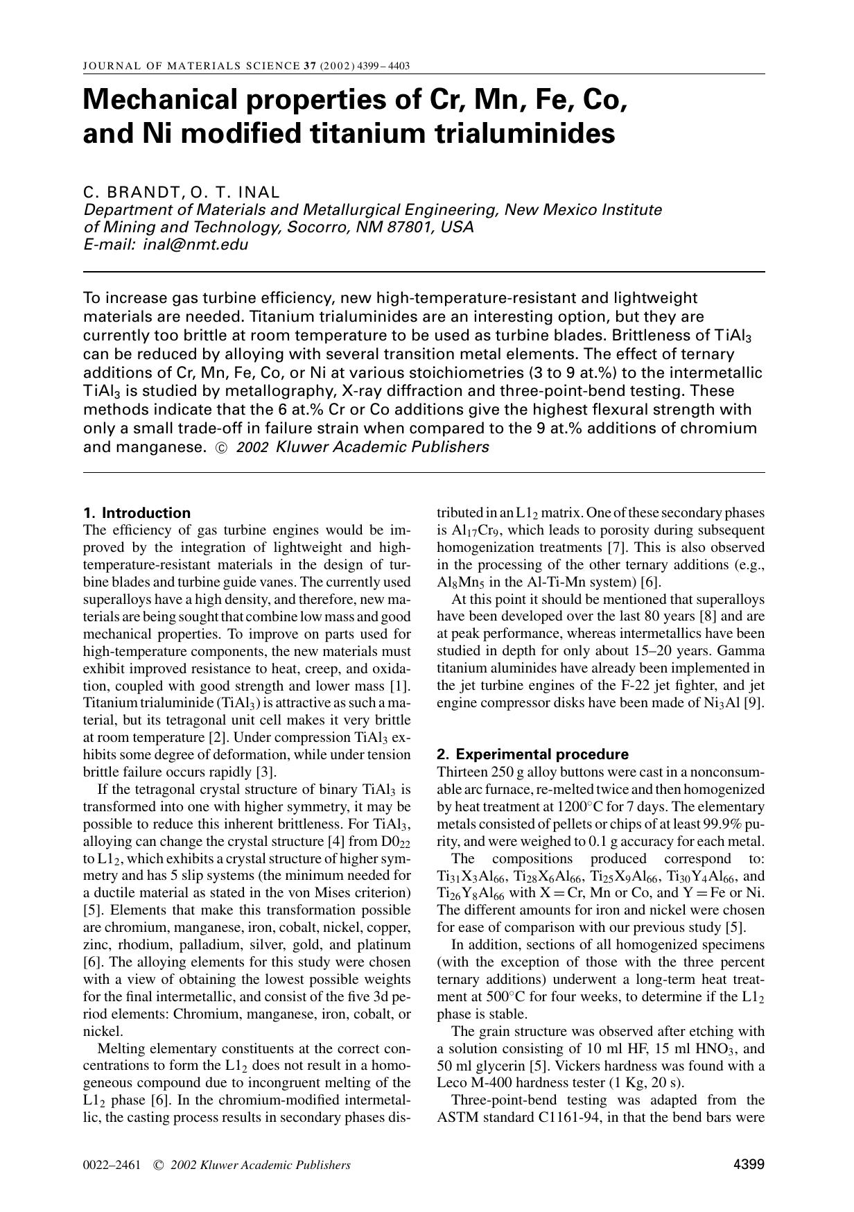 Mechanical properties of Cr, Mn, Fe, Co, and Ni modified titanium trialuminides by Unknown