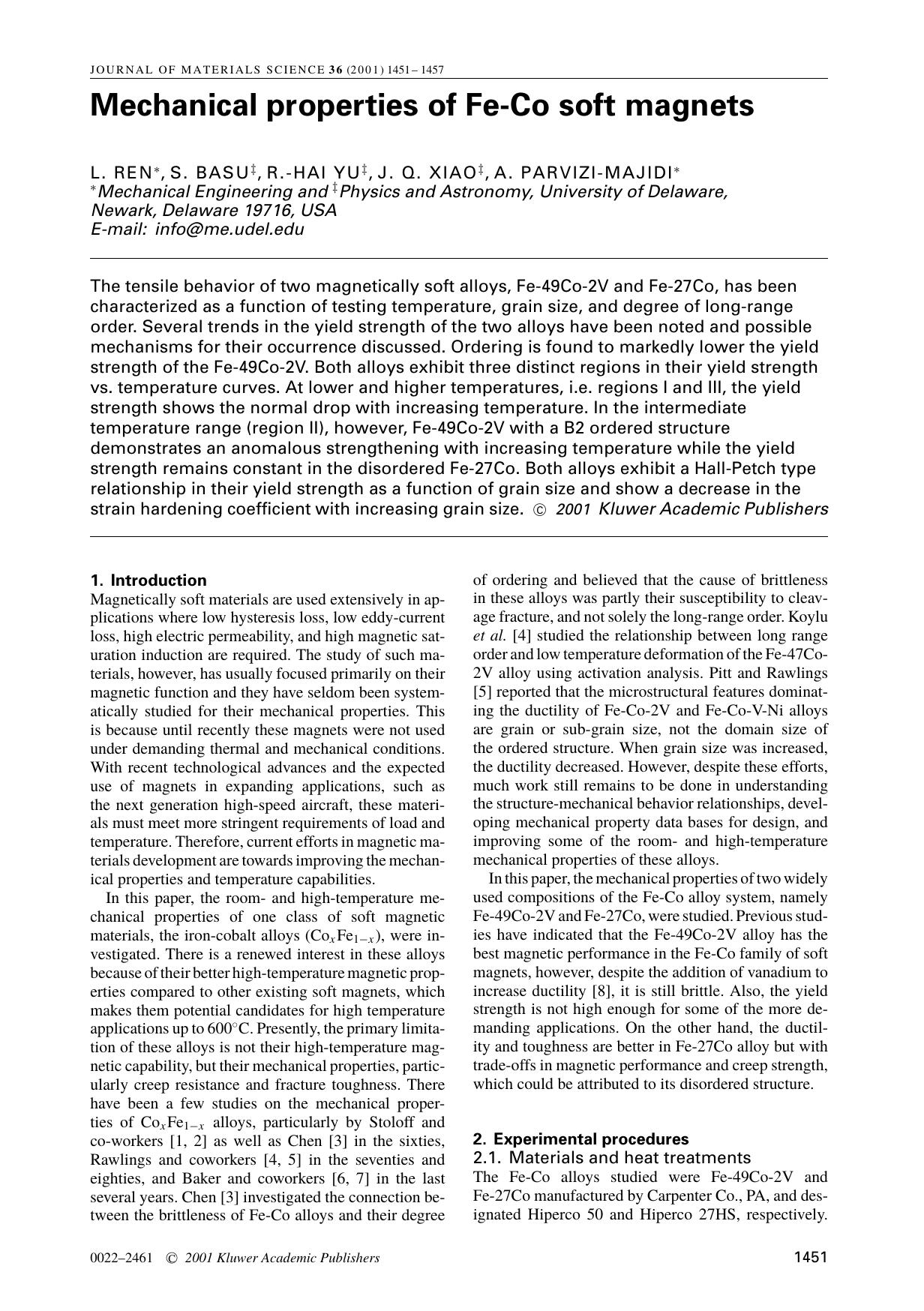 Mechanical properties of Fe-Co soft magnets by Unknown