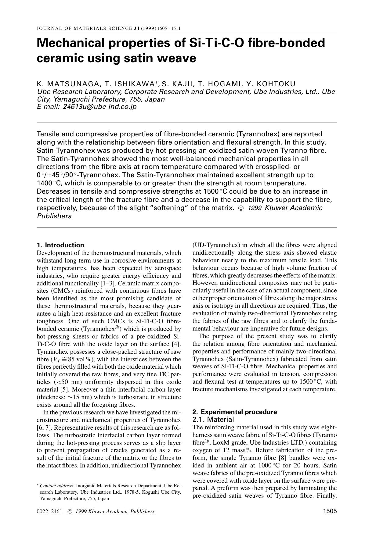 Mechanical properties of Si-T-C-O fibre-bonded ceramic using satin weave by Unknown