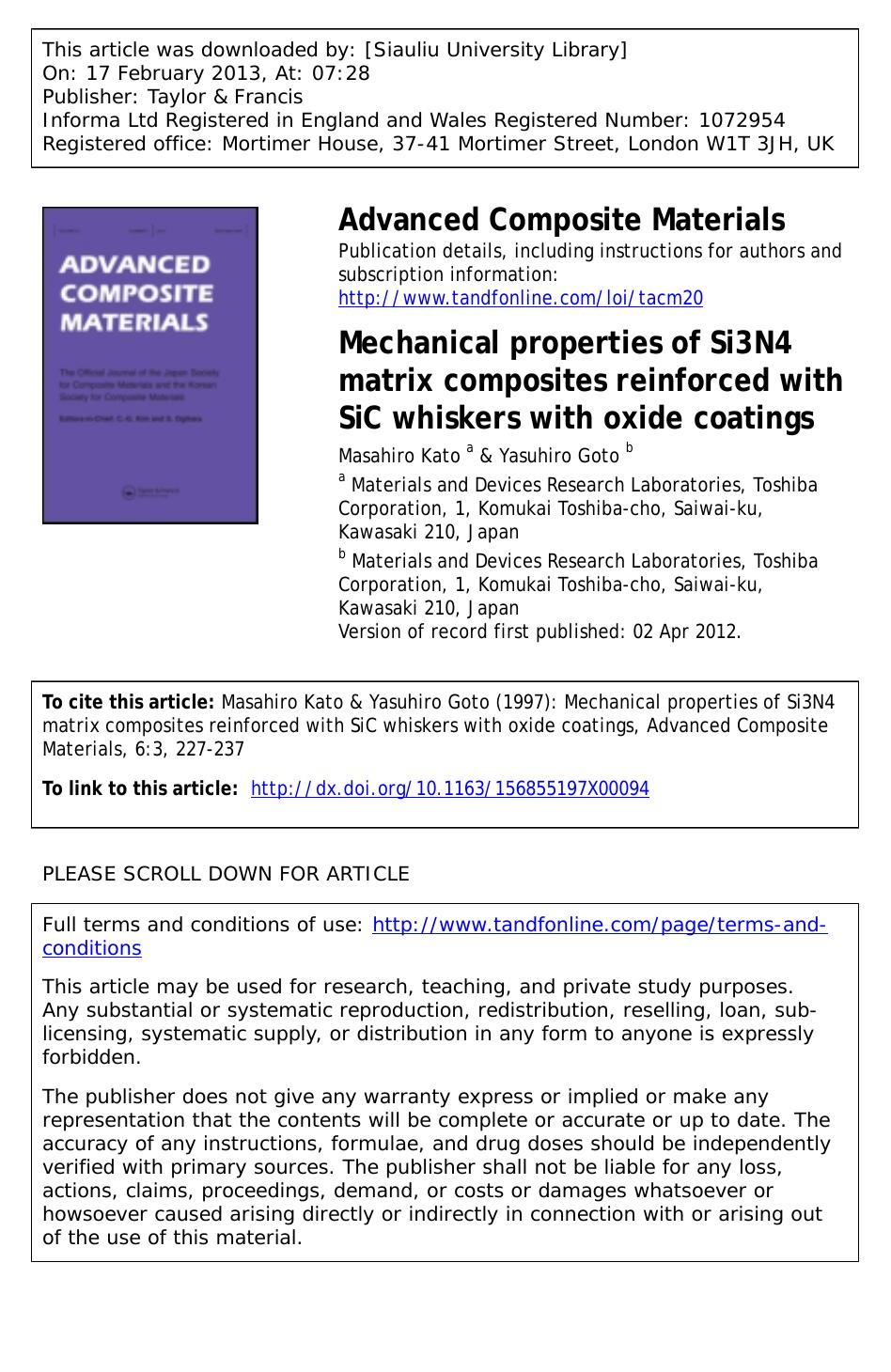 Mechanical properties of Si3N4 matrix composites reinforced with SiC whiskers with oxide coatings by Masahiro Kato & Yasuhiro Goto
