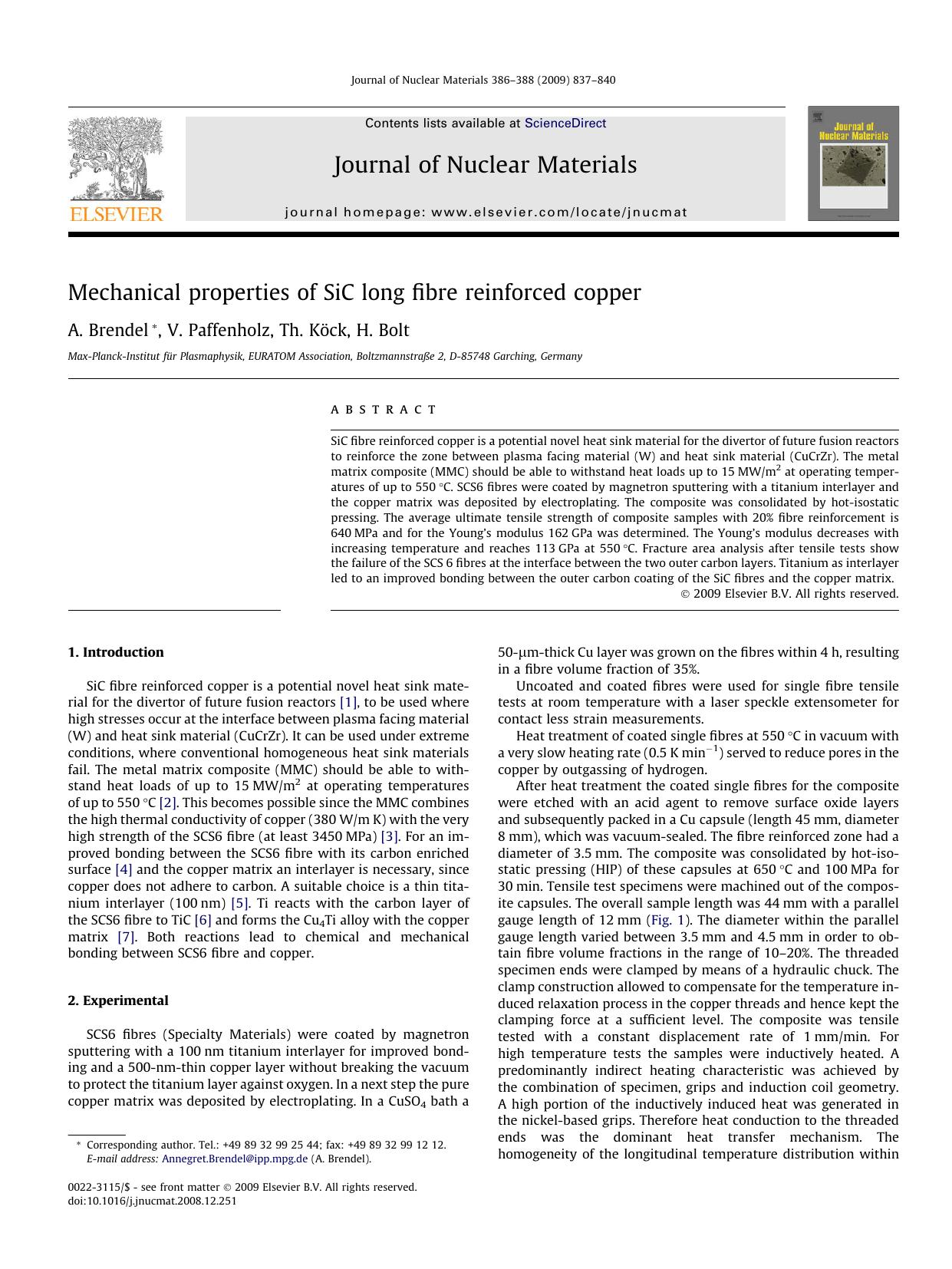 Mechanical properties of SiC long fibre reinforced copper by A. Brendel; V. Paffenholz; Th. Köck; H. Bolt