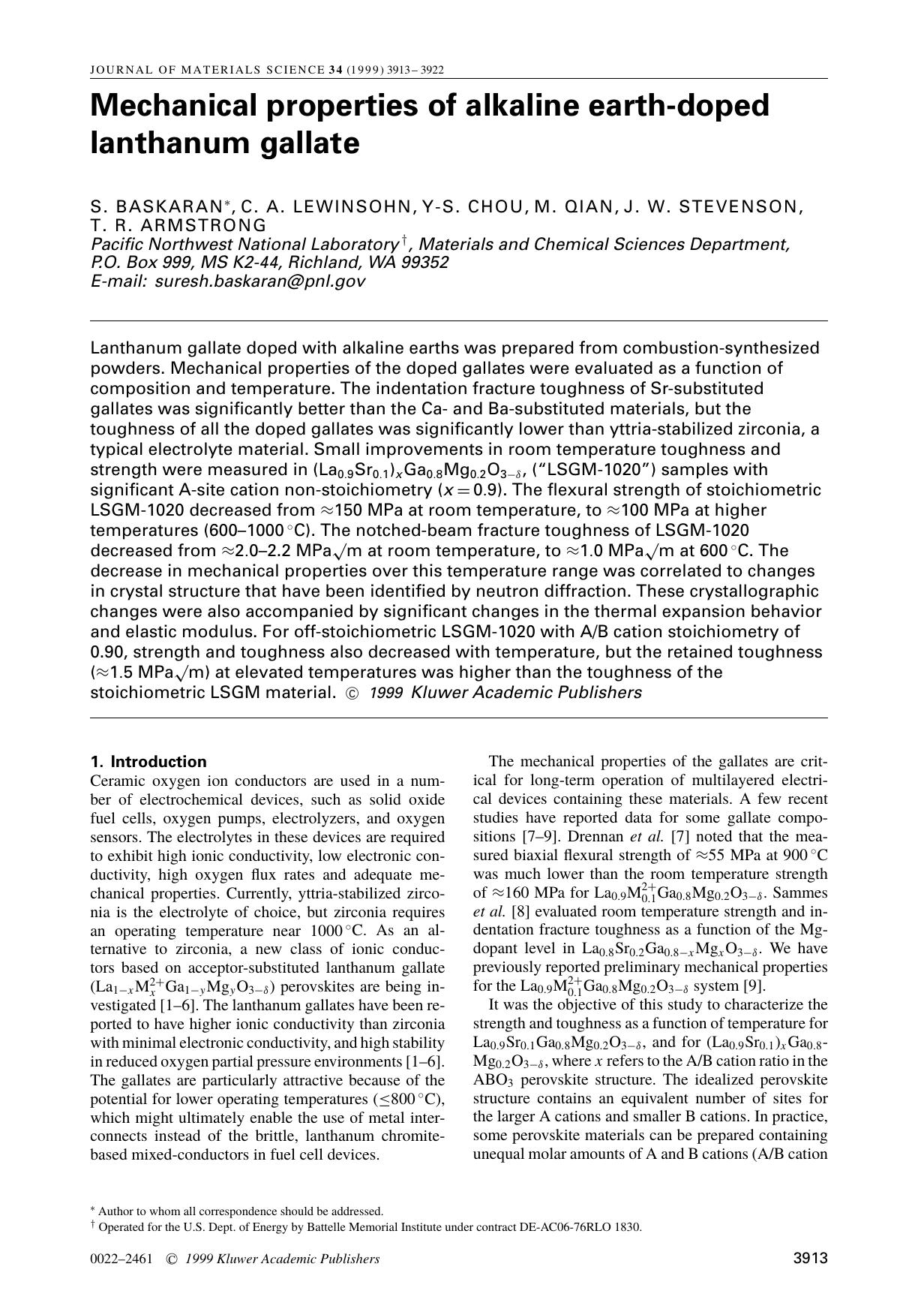 Mechanical properties of alkaline earth-doped lanthanum gallate by Unknown