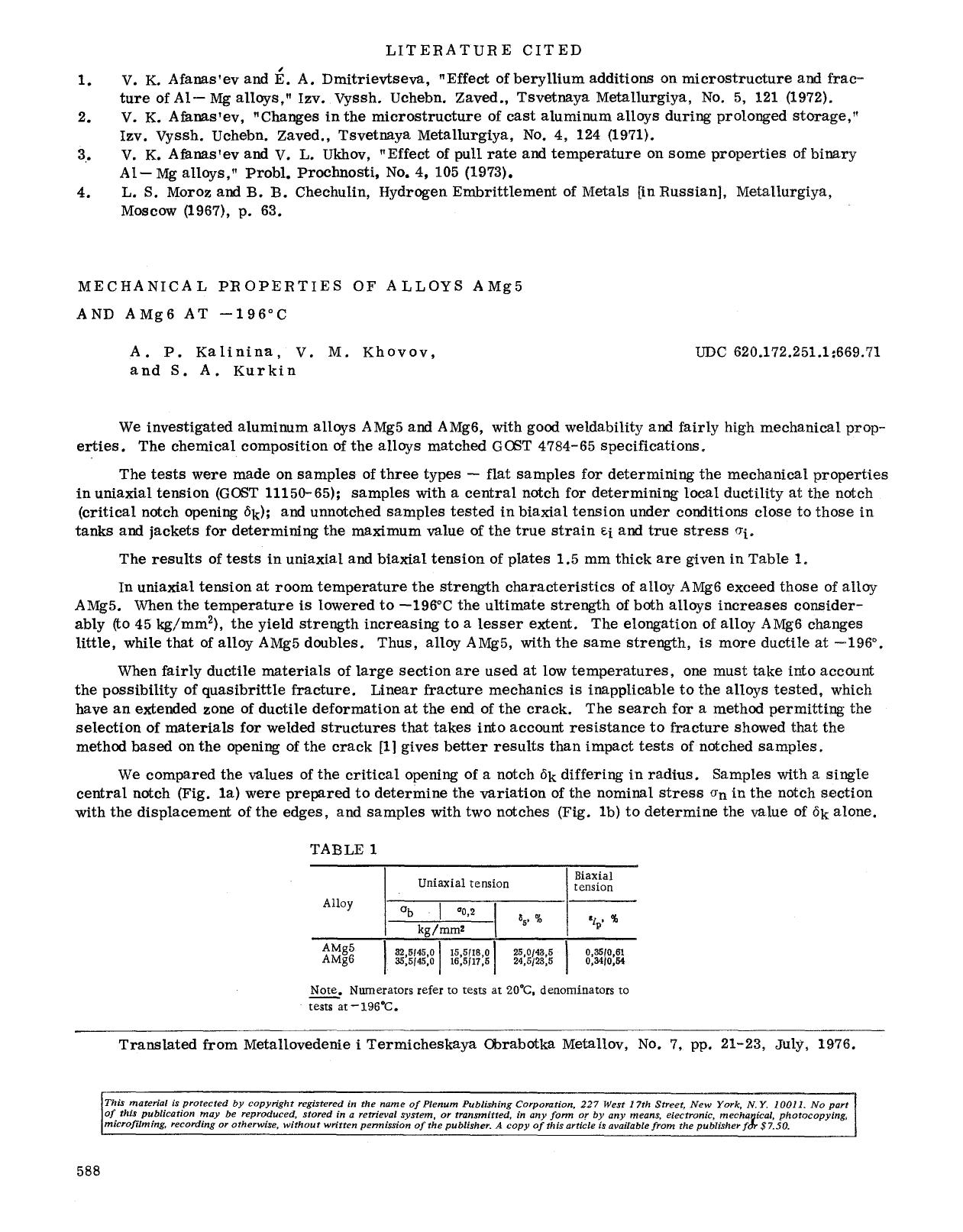 Mechanical properties of alloys AMg5 and AMg6 at −196°C by Unknown