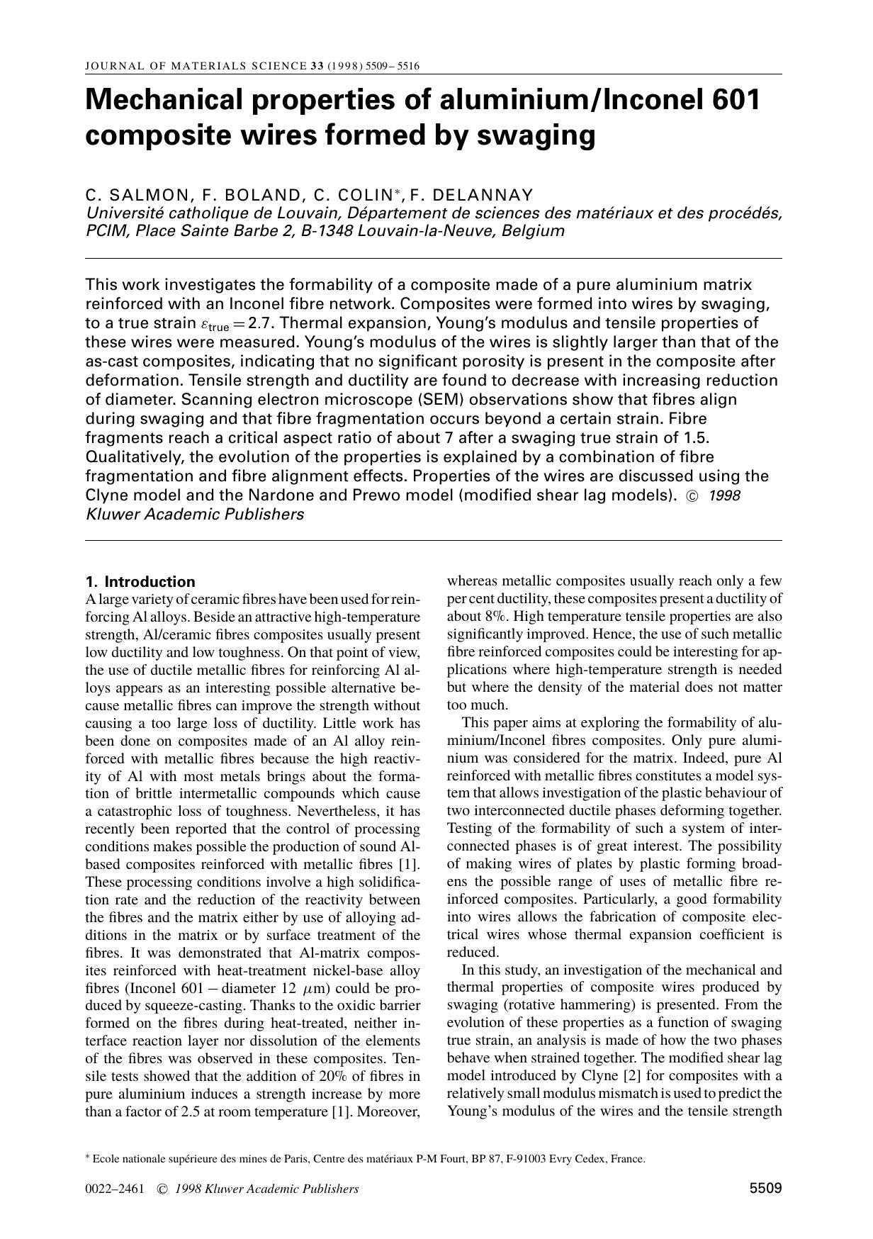 Mechanical properties of aluminiumInconel 601 composite wires formed by swaging by Unknown