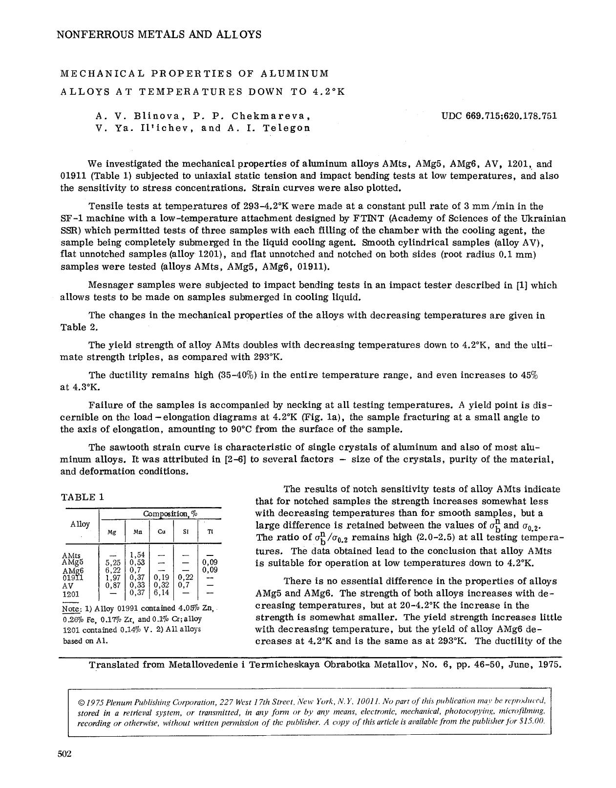 Mechanical properties of aluminum alloys at temperatures down to 4.2° K by Unknown