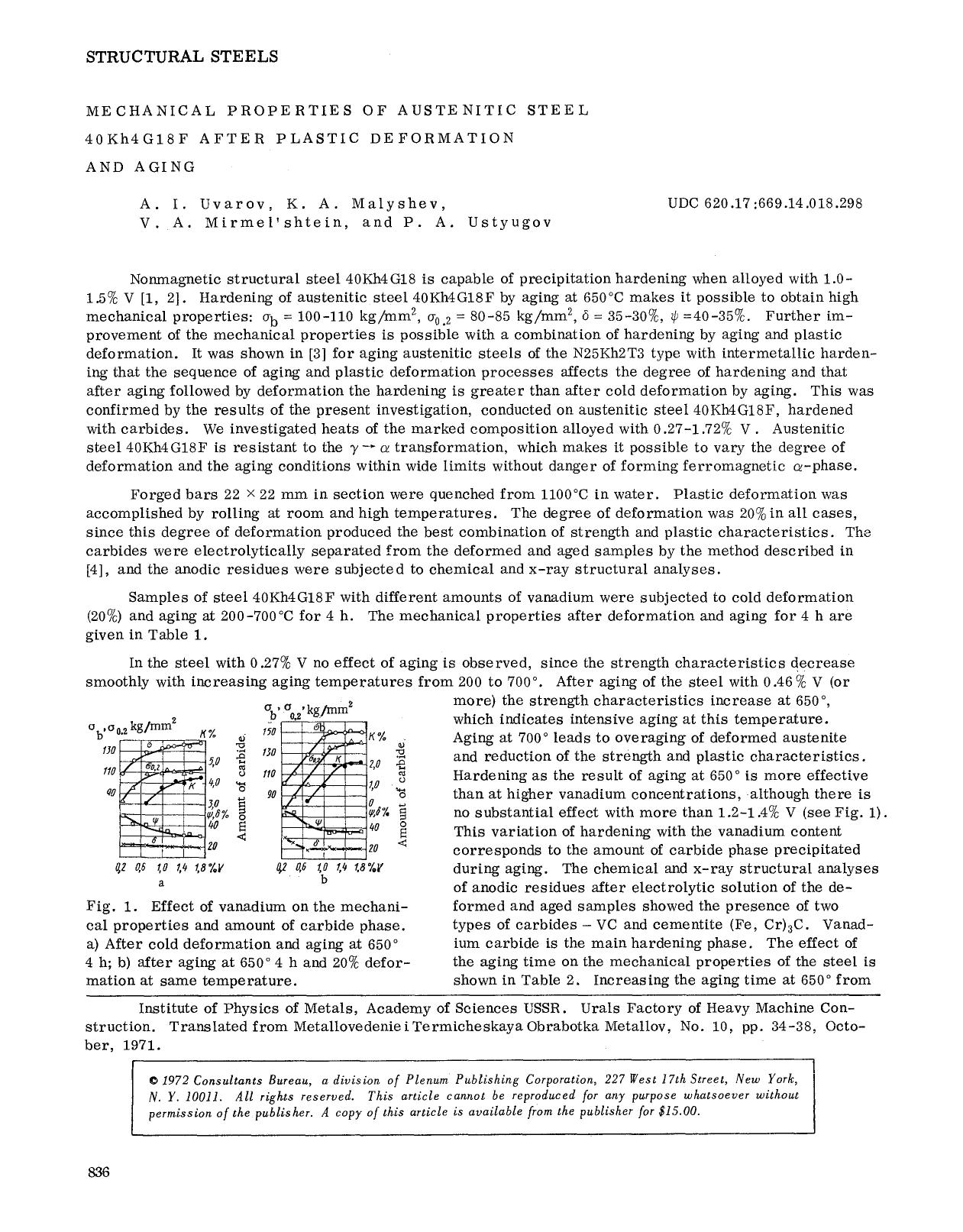 Mechanical properties of austenitic steel 40Kh4G18F after plastic deformation and aging by Unknown