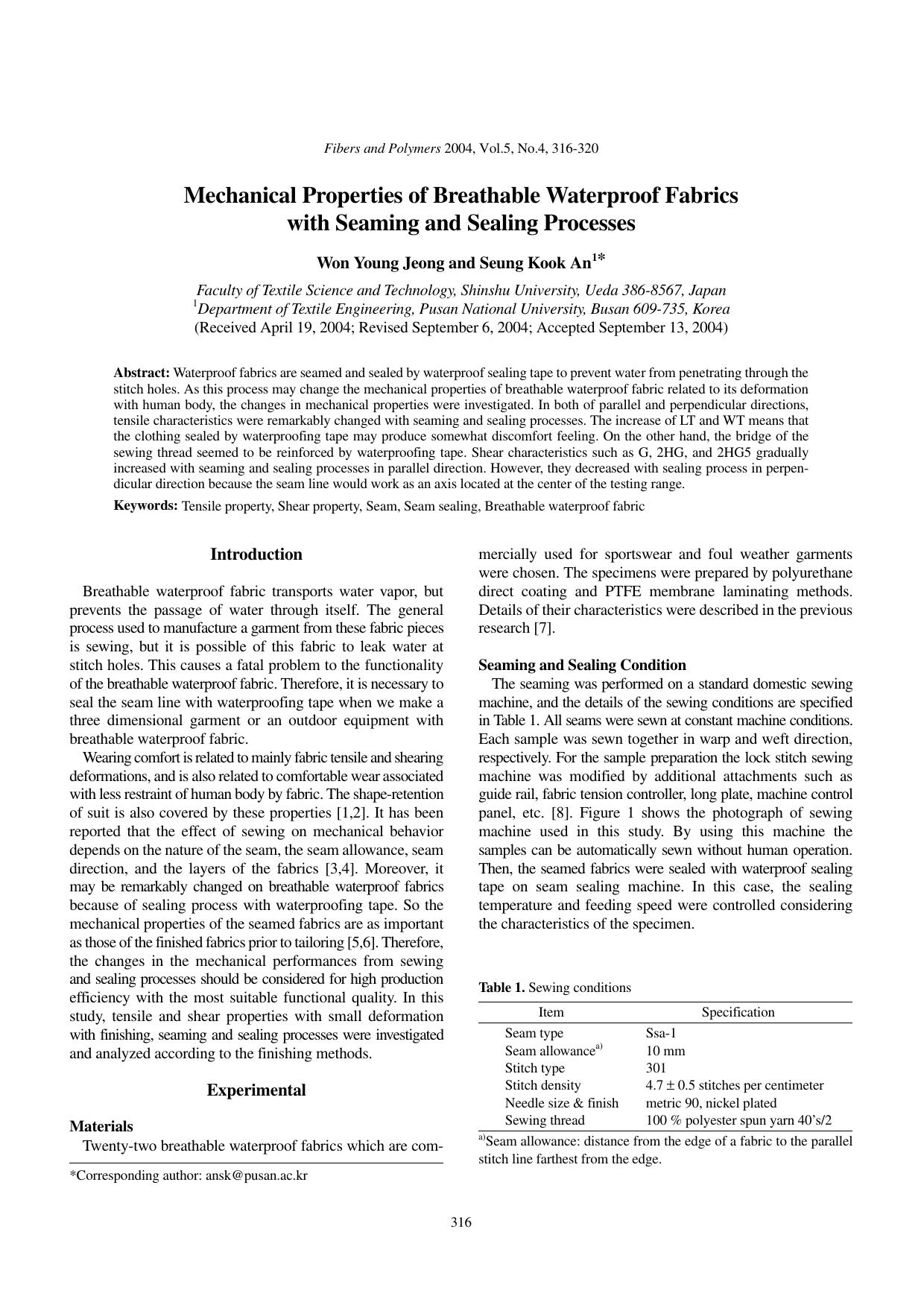 Mechanical properties of breathable waterproof fabrics with seaming and sealing processes by Unknown