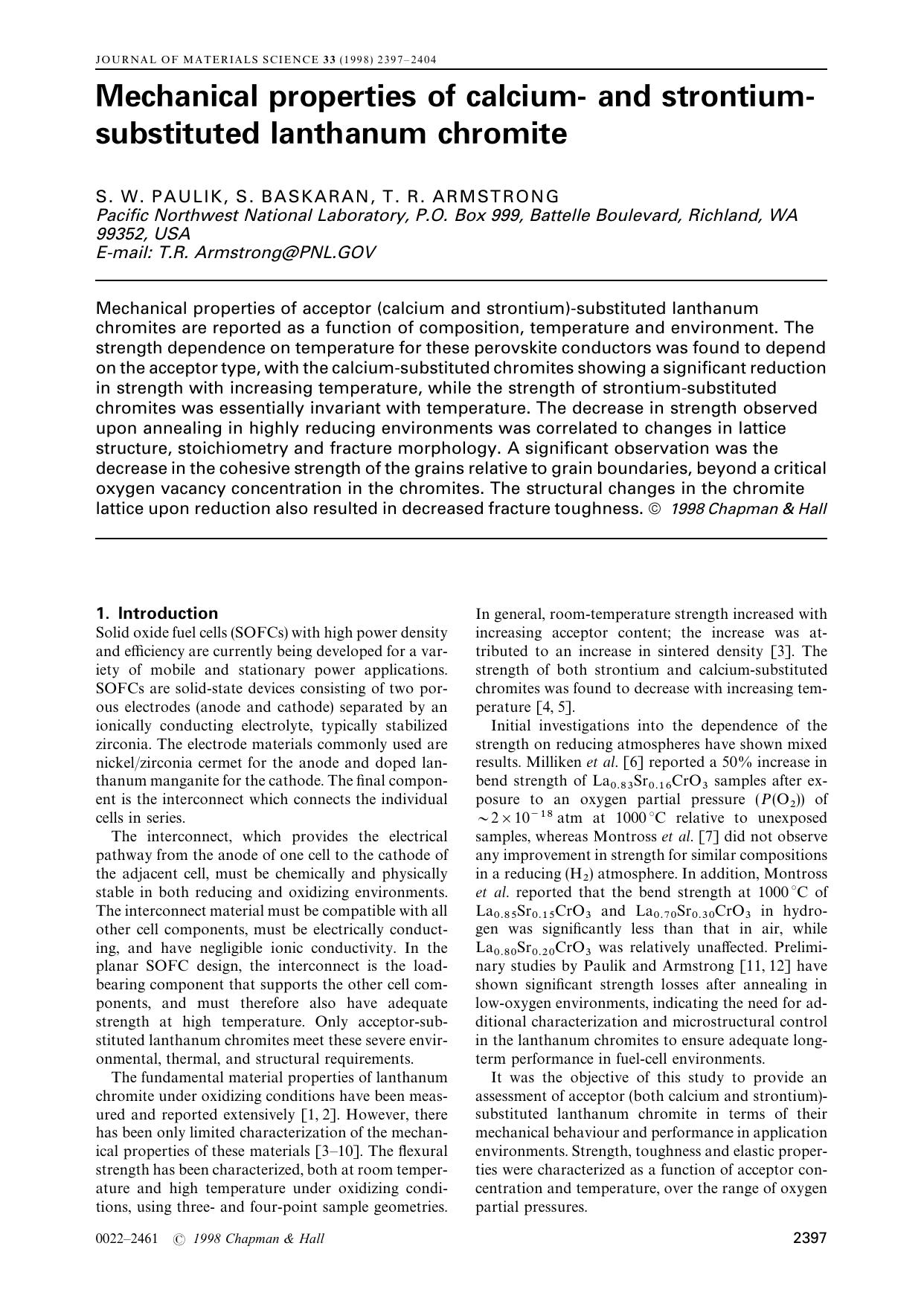 Mechanical properties of calcium- and strontium- substituted lanthanum chromite by S. W. PAULIK S. BASKARAN T. R. ARMSTRONG