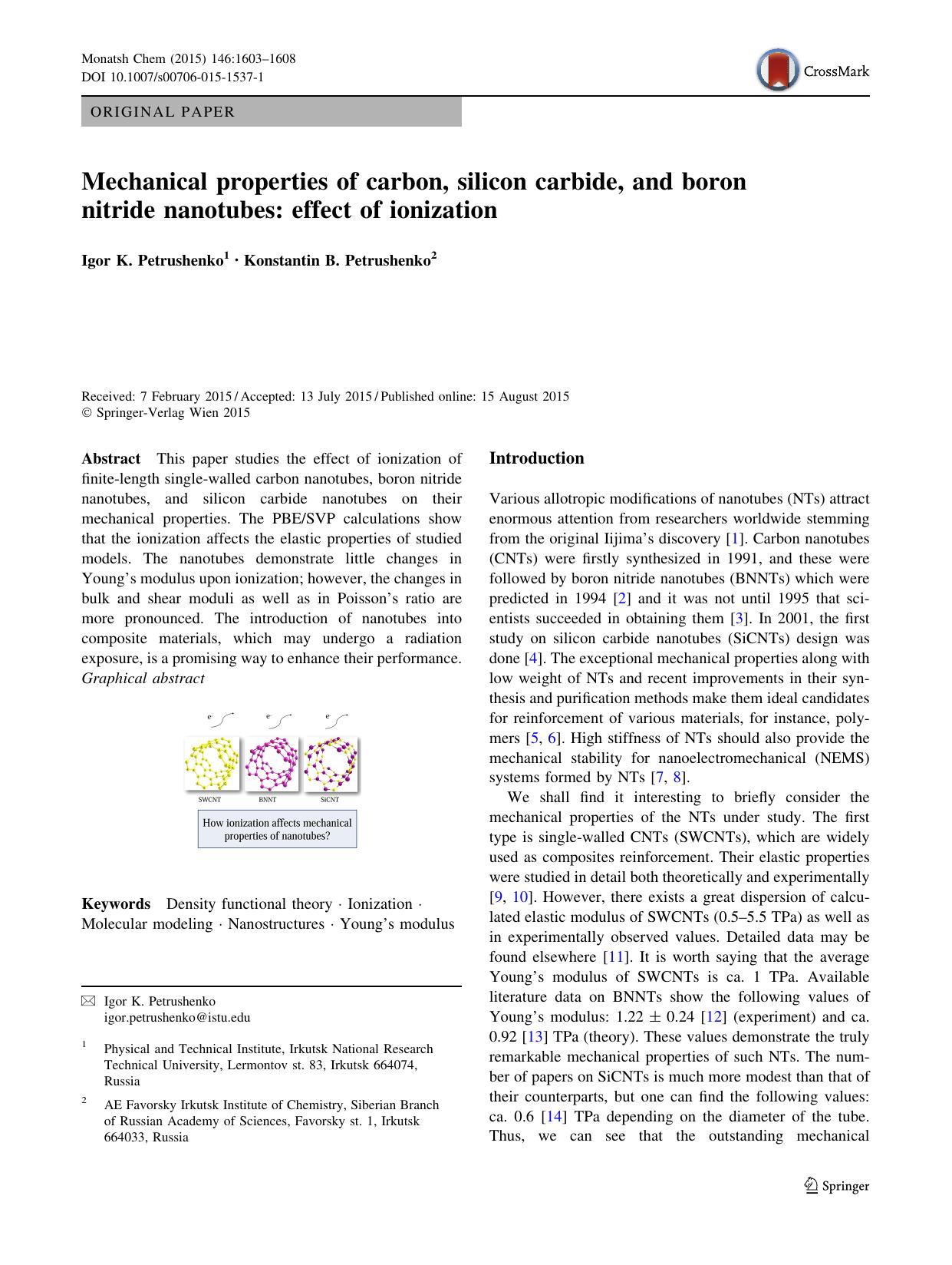 Mechanical properties of carbon, silicon carbide, and boron nitride nanotubes: effect of ionization by Igor K. Petrushenko & Konstantin B. Petrushenko