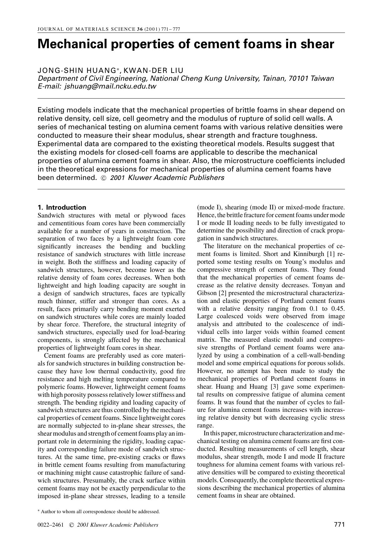 Mechanical properties of cement foams in shear by Unknown