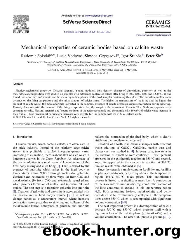 Mechanical properties of ceramic bodies based on calcite waste by Radomír Sokolář & Lucie Vodová & Simona Grygarová & Igor Štubňa & Peter Šín