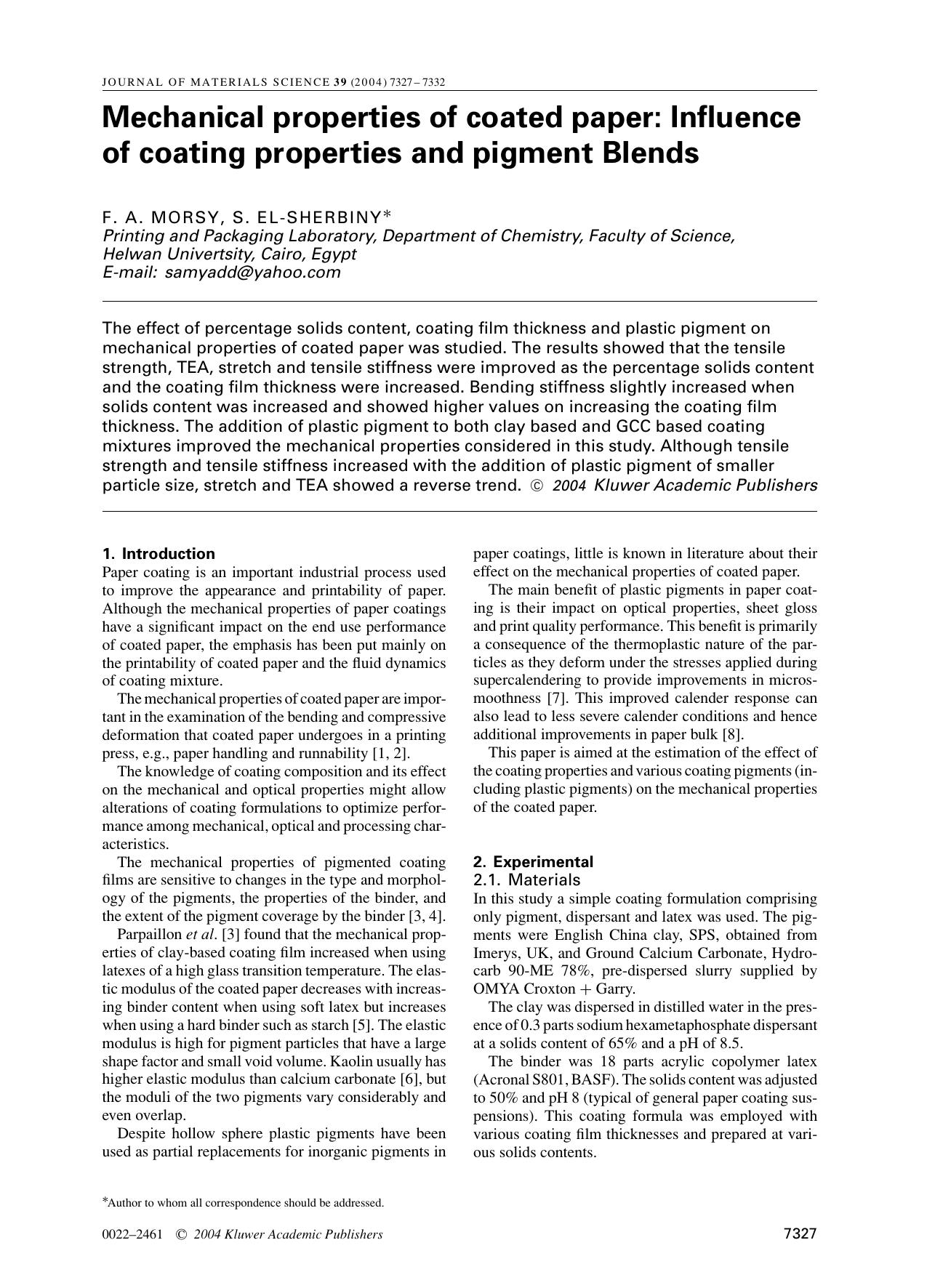 Mechanical properties of coated paper: Influence of coating properties and pigment Blends by Unknown