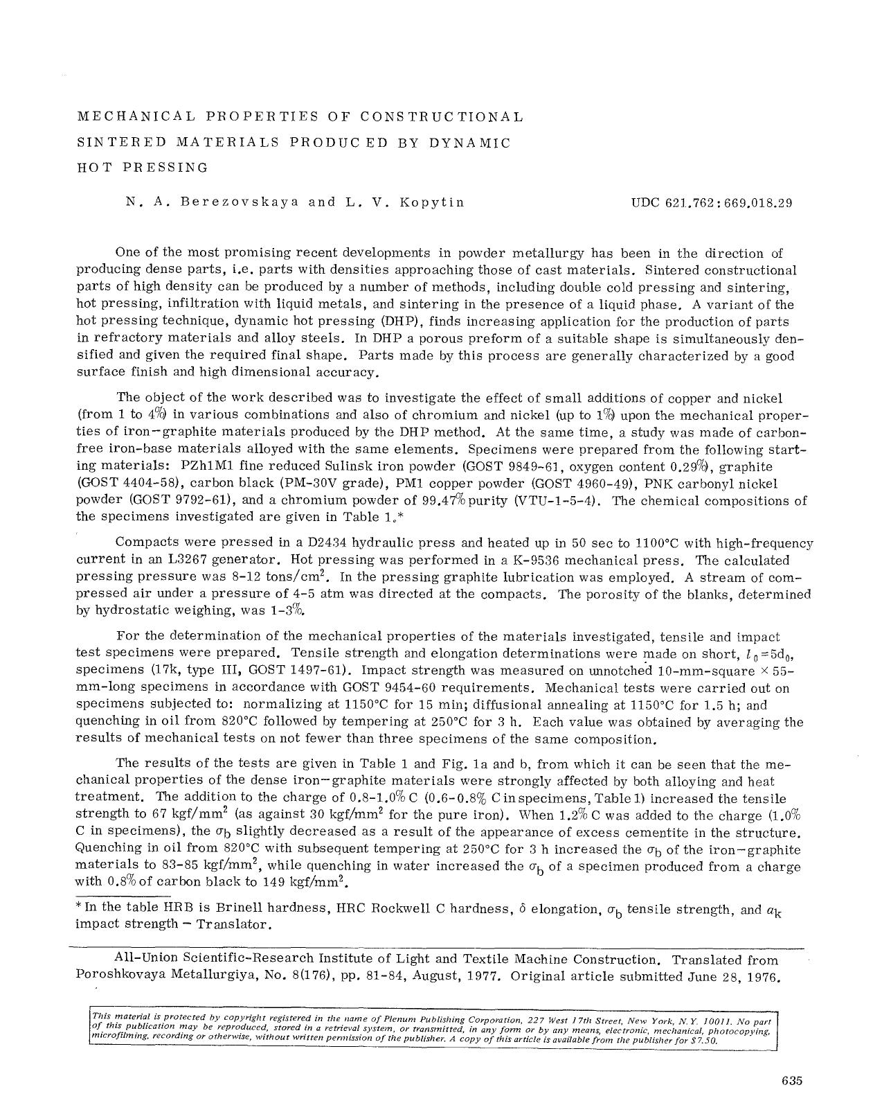 Mechanical properties of constructional sintered materials produced by dynamic hot pressing by Unknown