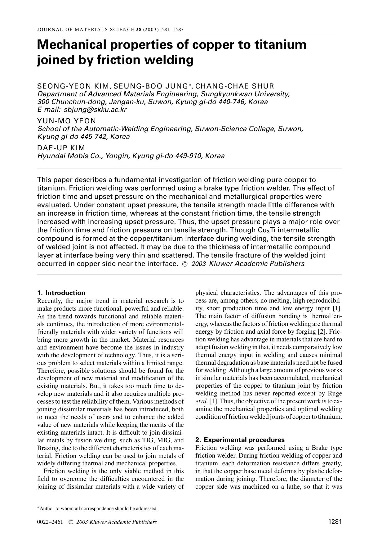 Mechanical properties of copper to titanium joined by friction welding by Unknown
