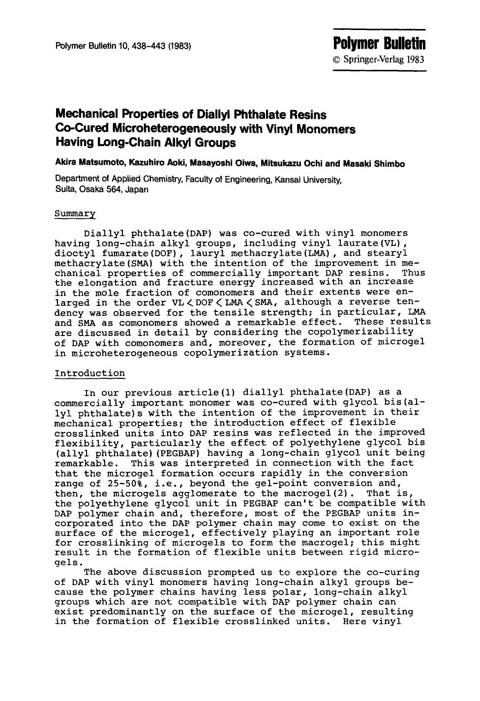 Mechanical properties of diallyl phthalate resins co-cured microheterogeneously with vinyl monomers having long-chain alkyl groups by Unknown