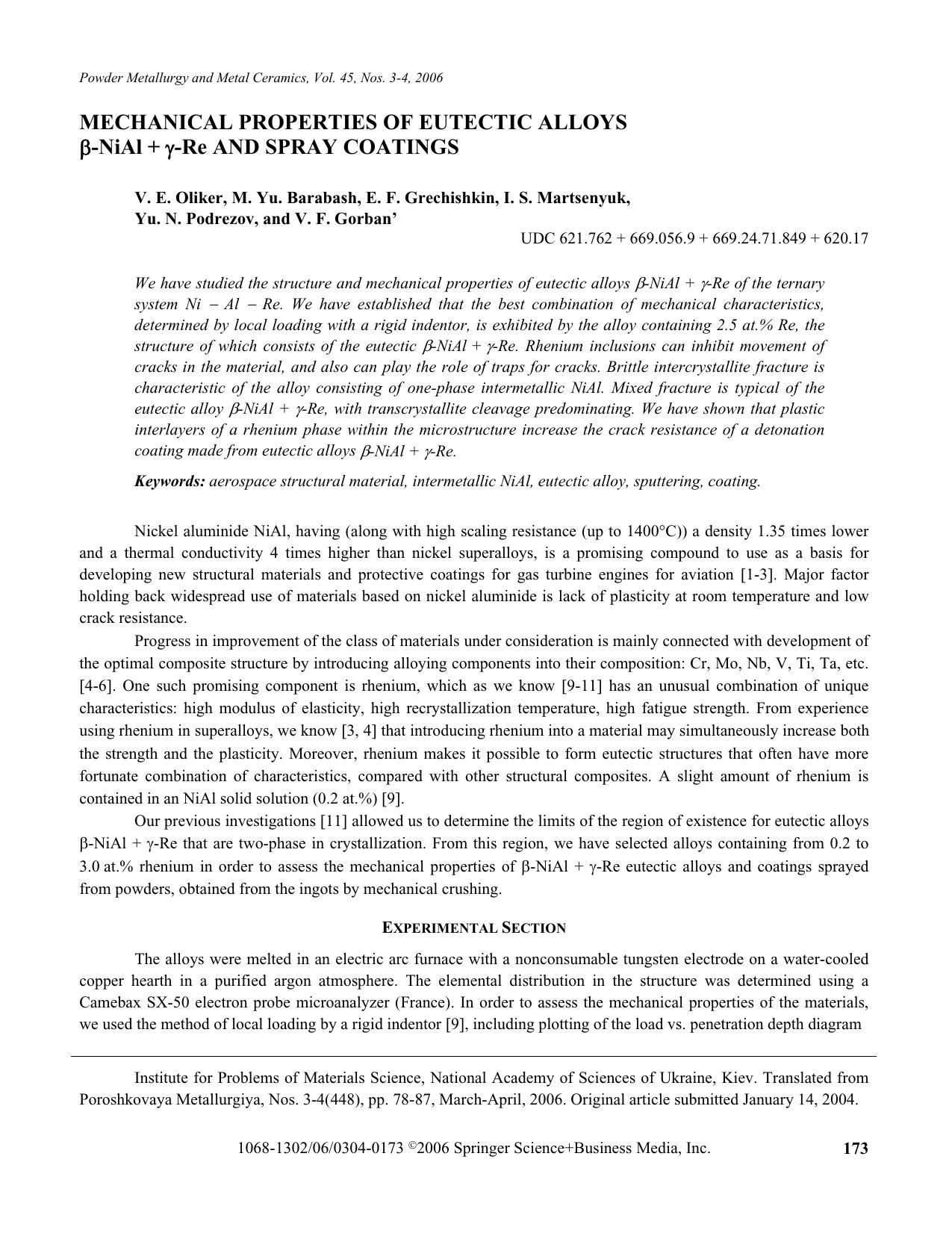 Mechanical properties of eutectic alloys &#x03B2;-NiAl + &#x03B3;-Re and spray coatings by Unknown