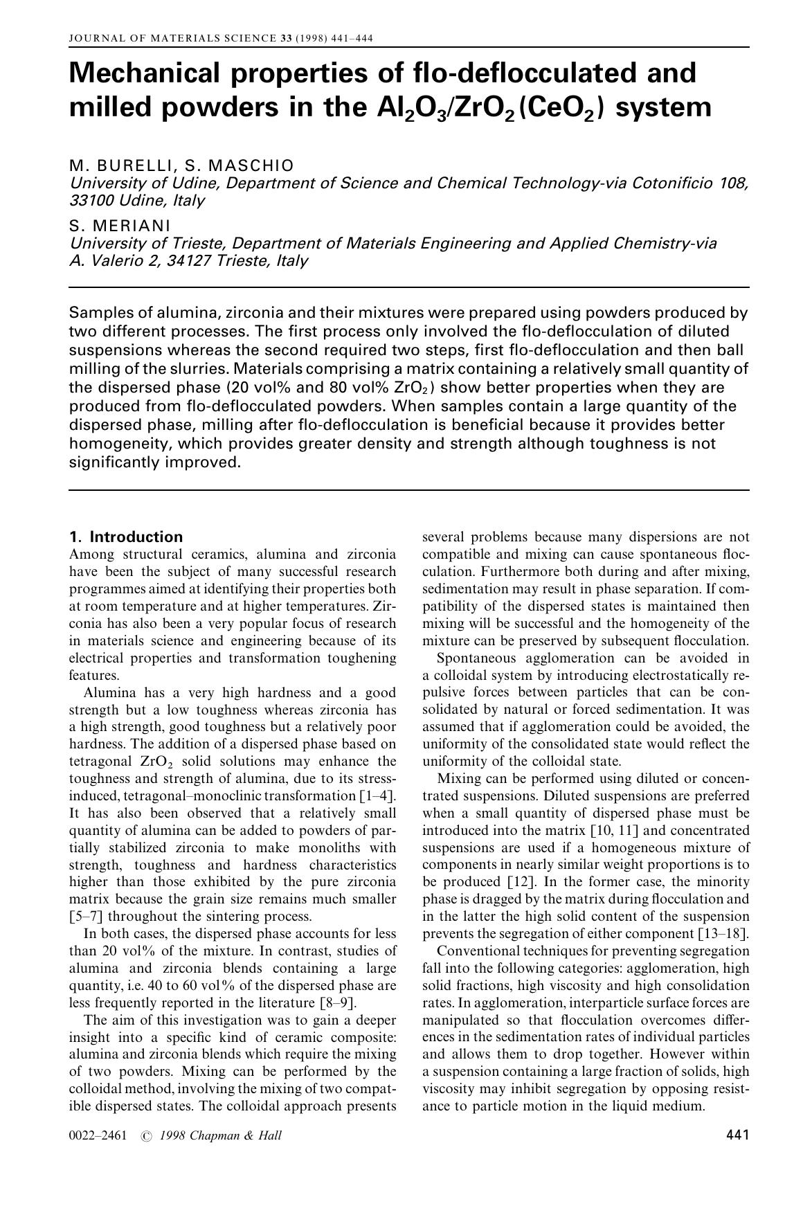 Mechanical properties of flo-deflocculated and milled powders in the Al2O3ZrO2(CeO2) system by Unknown