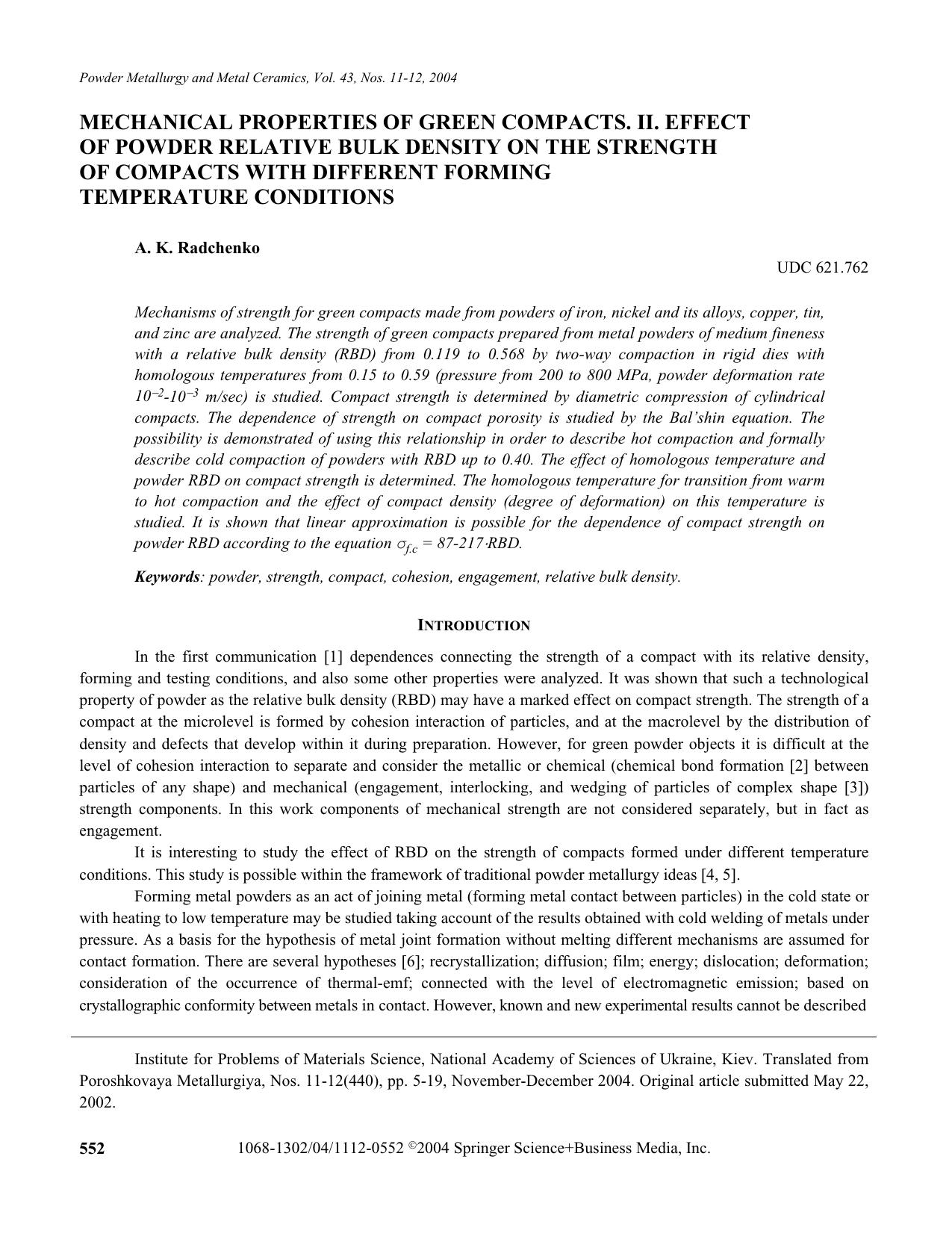 Mechanical properties of green compacts. II. Effect of powder relative bulk density on the strength of compacts with different forming temperature conditions by Unknown