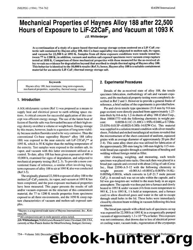 Mechanical properties of haynes alloy 188 after 22,500 hours of exposure to LiF-22CaF <Subscript>2 <Subscript> and vacuum at 1093 K by Unknown