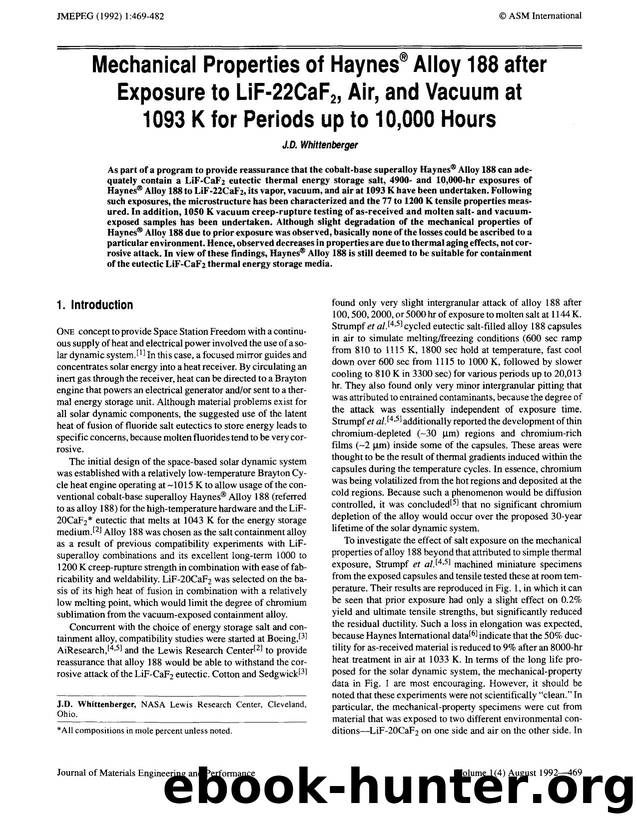 Mechanical properties of haynes&#x00AE; alloy 188 after exposure to LiF-22CaF <Subscript>2 <Subscript>, air, and vacuum at 1093 K for periods up to 10,000 hours by Unknown