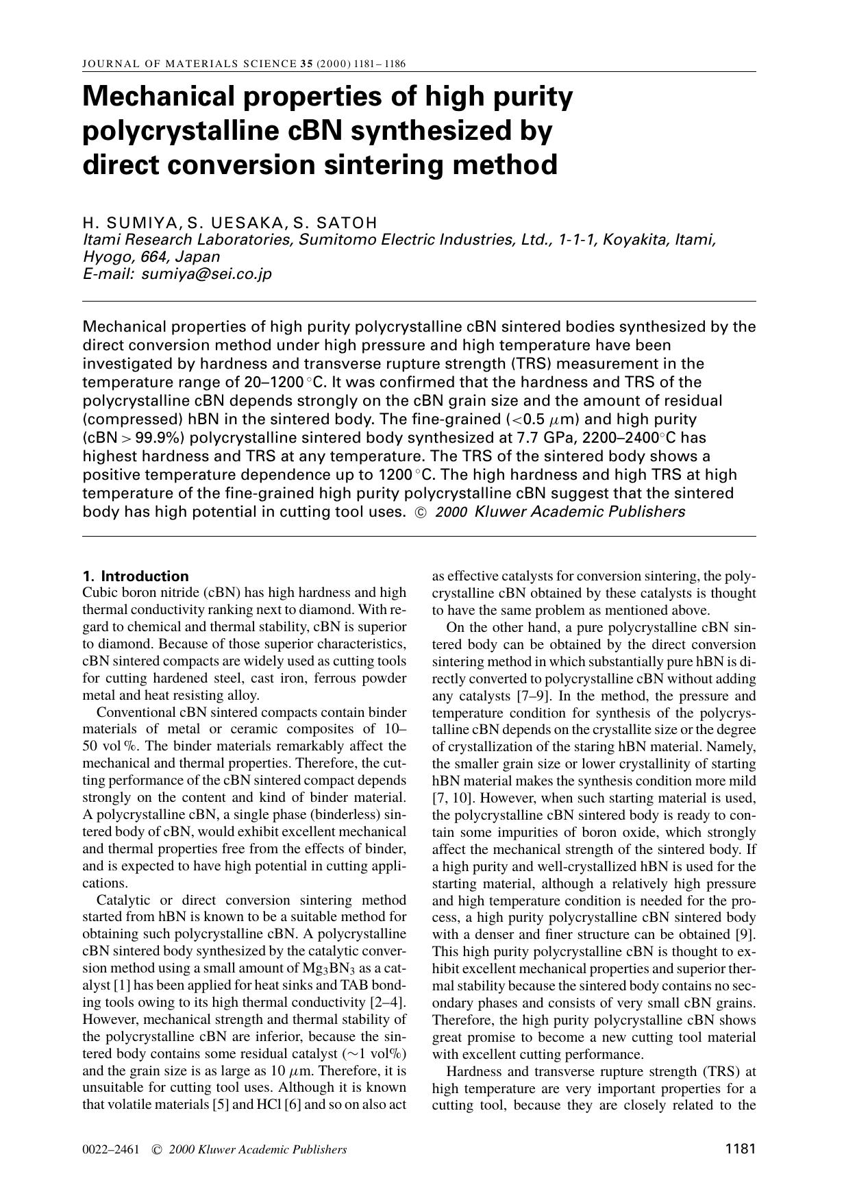 Mechanical properties of high purity polycrystalline cBN synthesized by direct conversion sintering method by Unknown