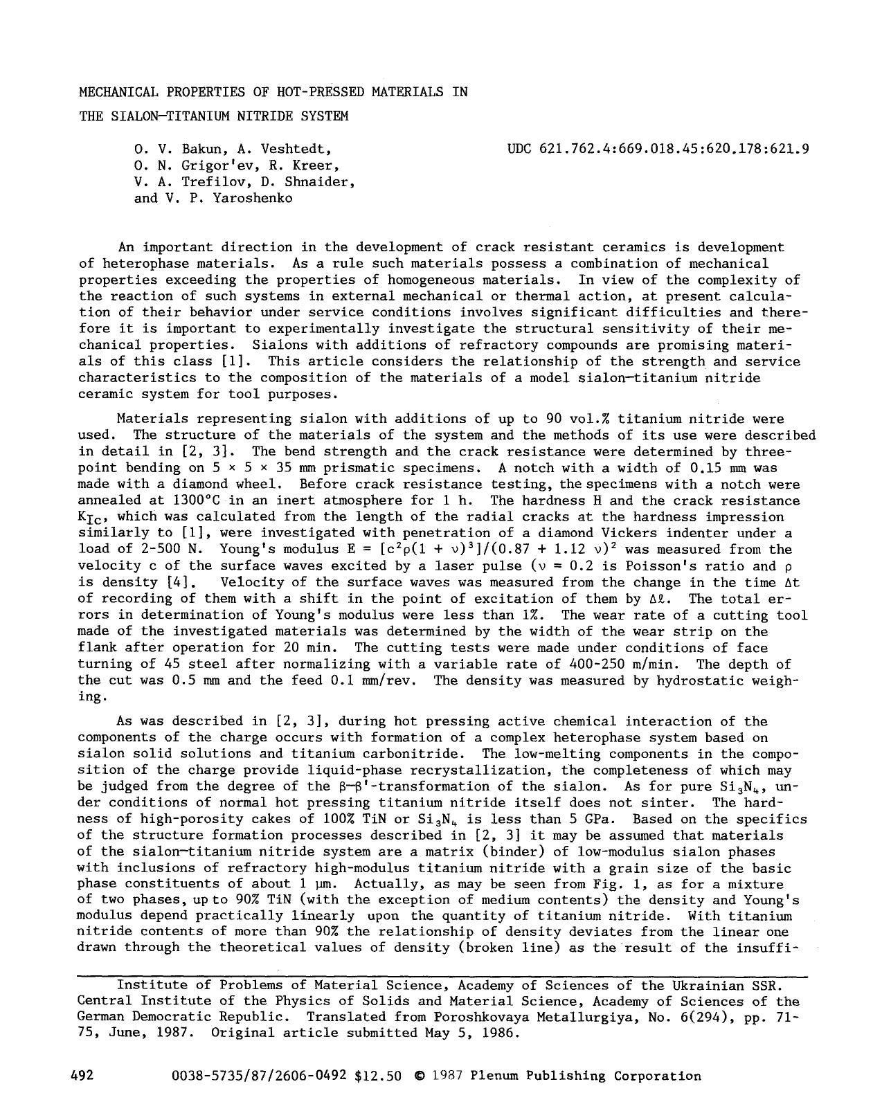 Mechanical properties of hot-pressed materials in the sialon-titanium nitride system by Unknown