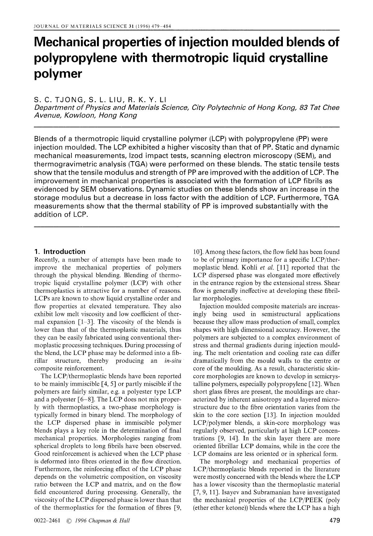 Mechanical properties of injection moulded blends of polypropylene with thermotropic liquid crystalline polymer by Unknown