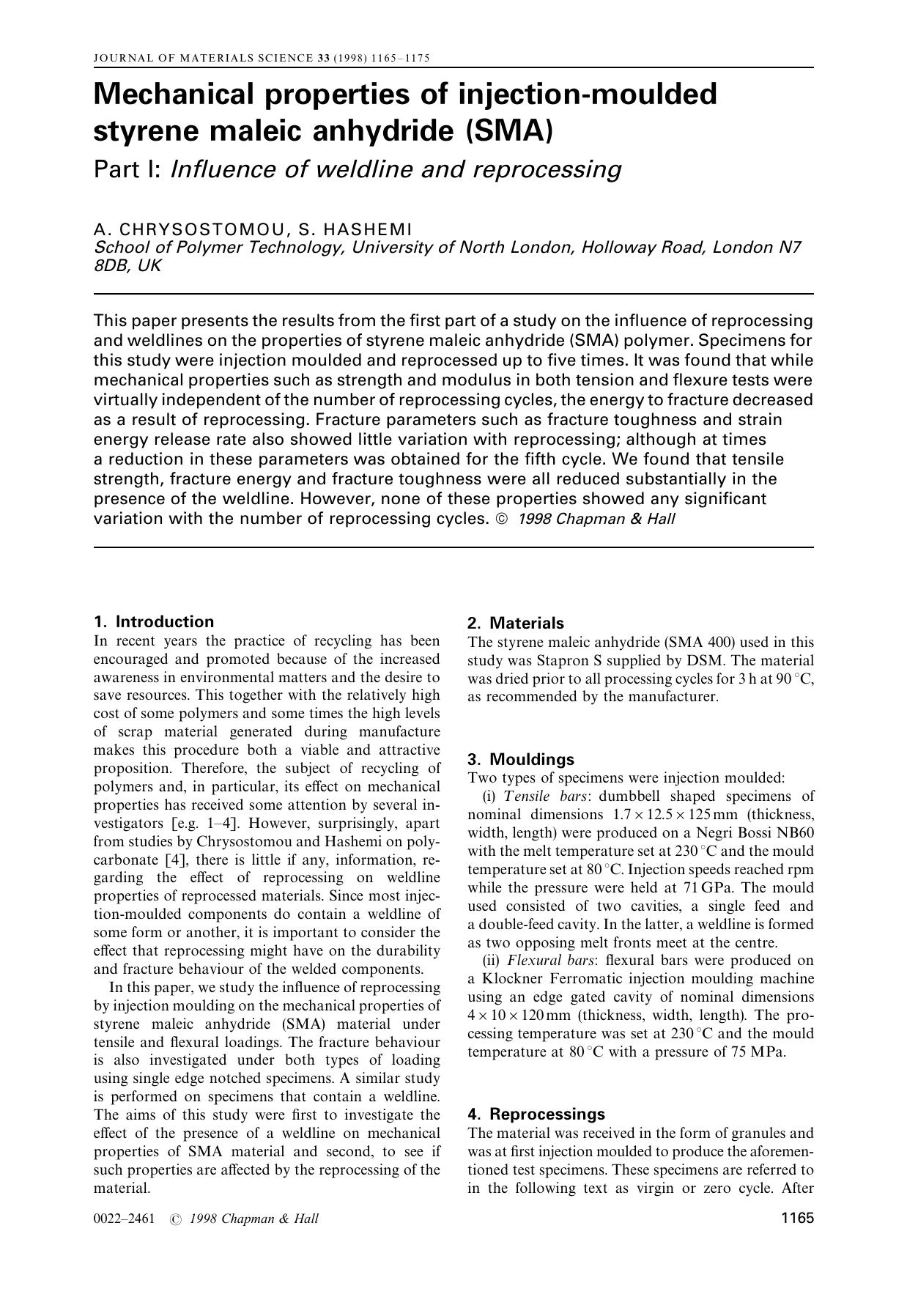 Mechanical properties of injection-moulded styrene maleic anhydride (SMA) - Part I: Influence of weldline and reprocessing by A. CHRYSOSTOMOU S. HASHEMI