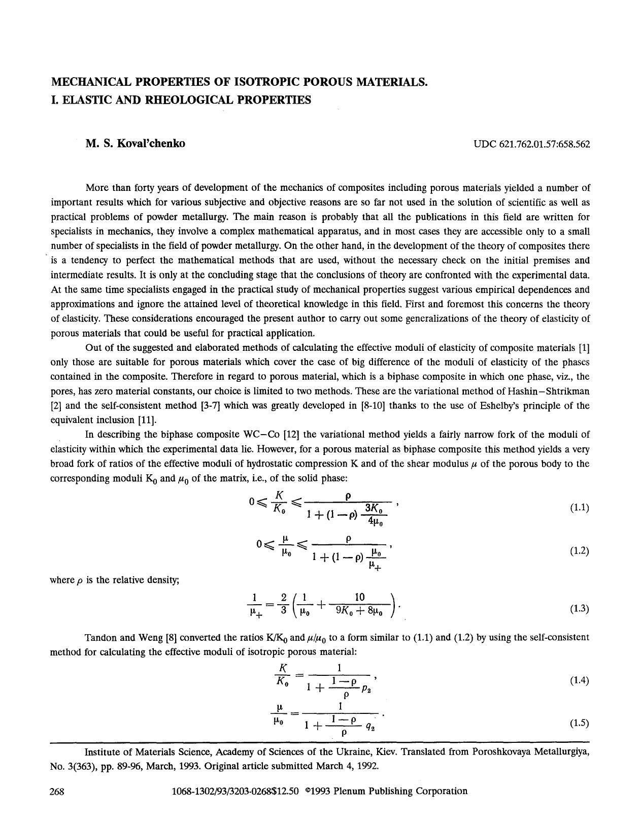 Mechanical properties of isotropic porous materials. I. Elastic and rheological properties by Unknown