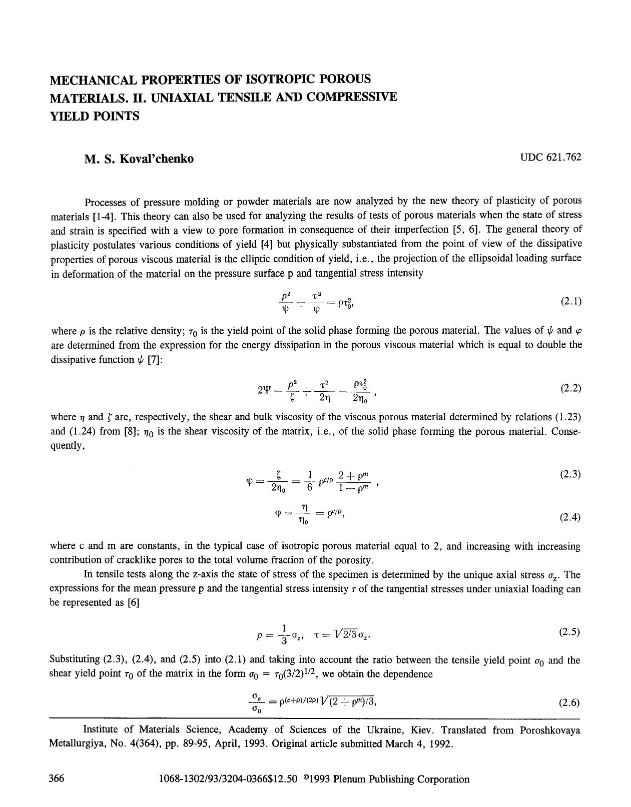 Mechanical properties of isotropic porous materials. II. Uniaxial tensile and compressive yield points by Unknown