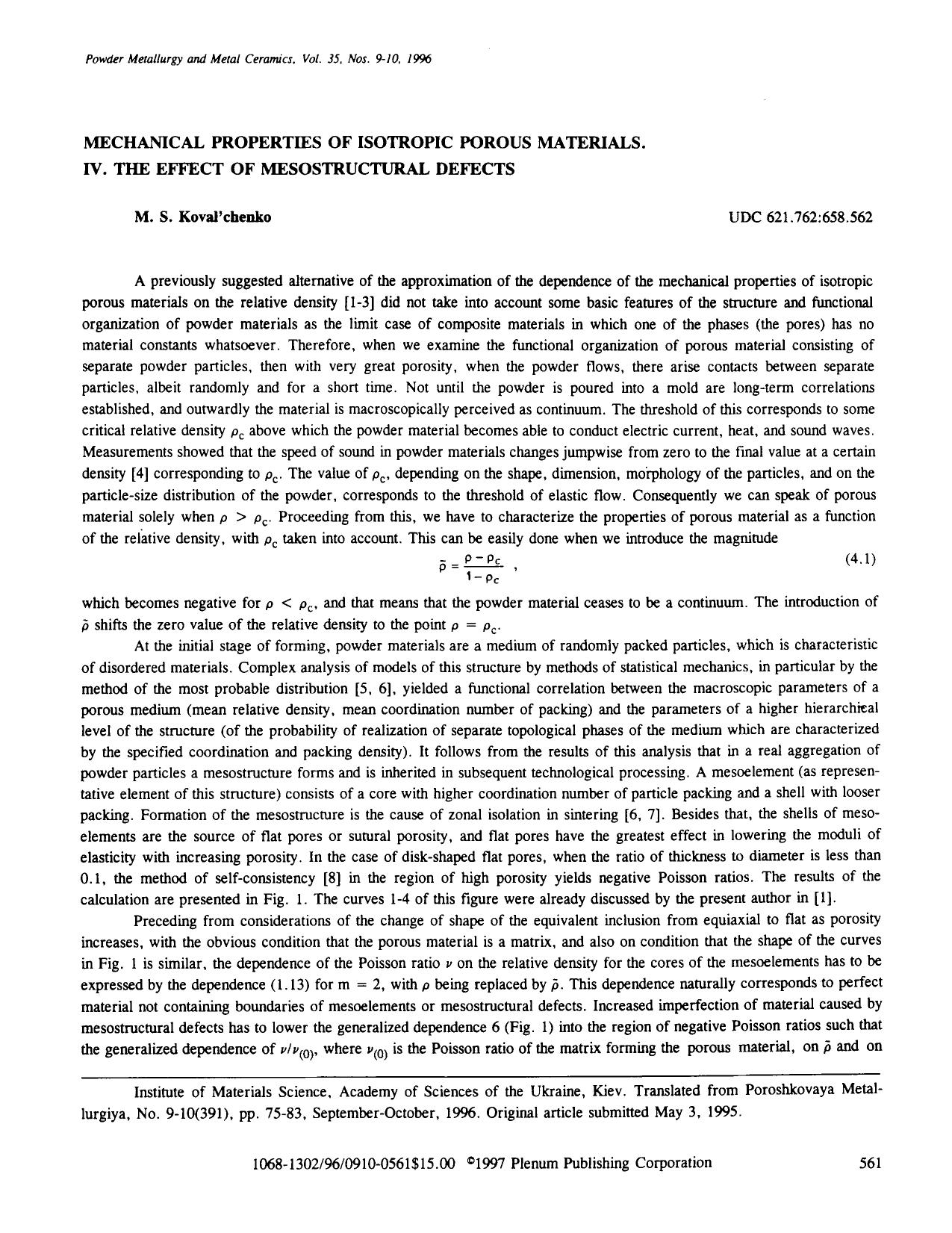 Mechanical properties of isotropic porous materials. IV. The effect of mesostructural defects by Unknown