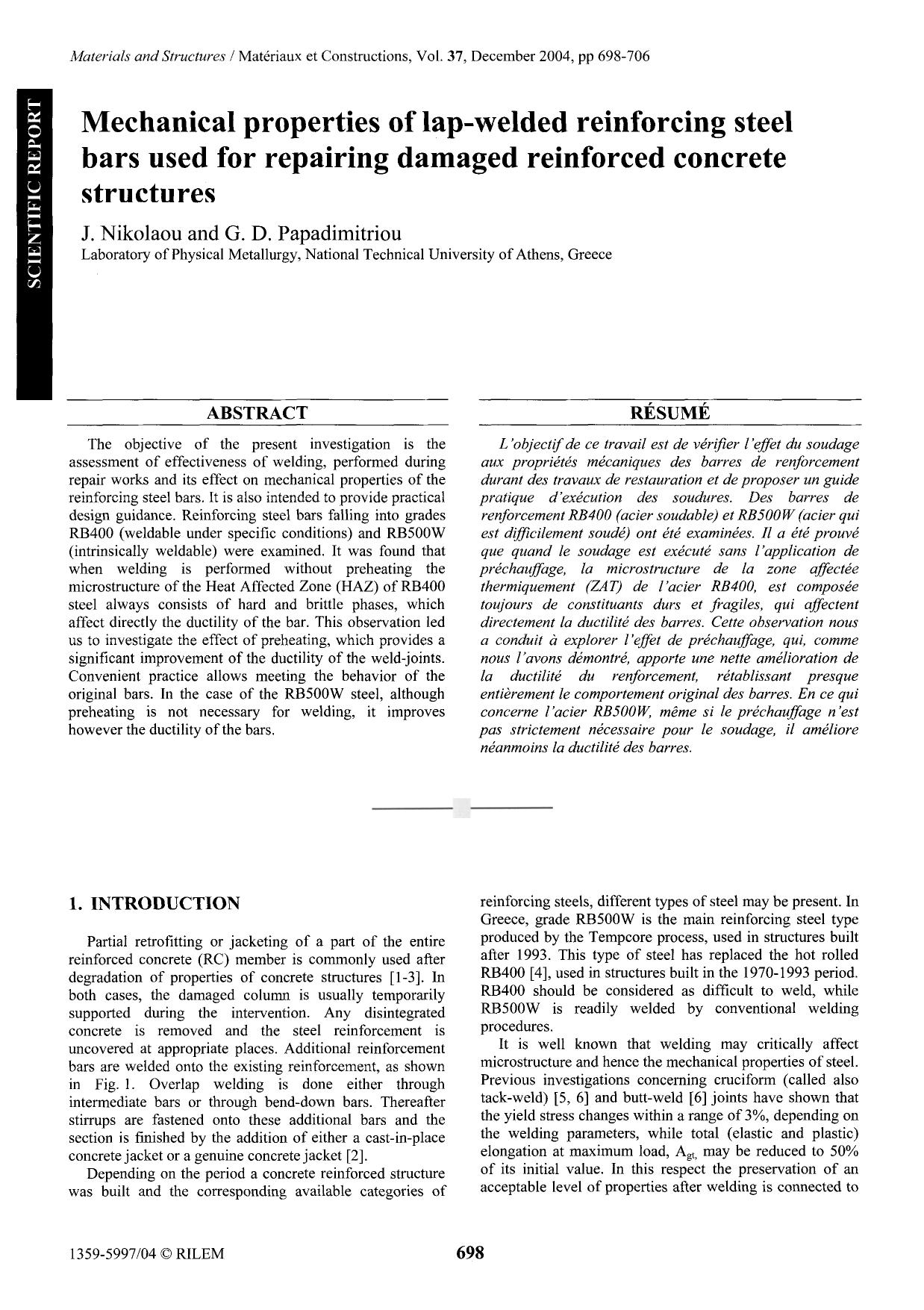 Mechanical properties of lap-welded reinforcing steel bars used for repairing damaged reinforced concrete structures by Unknown