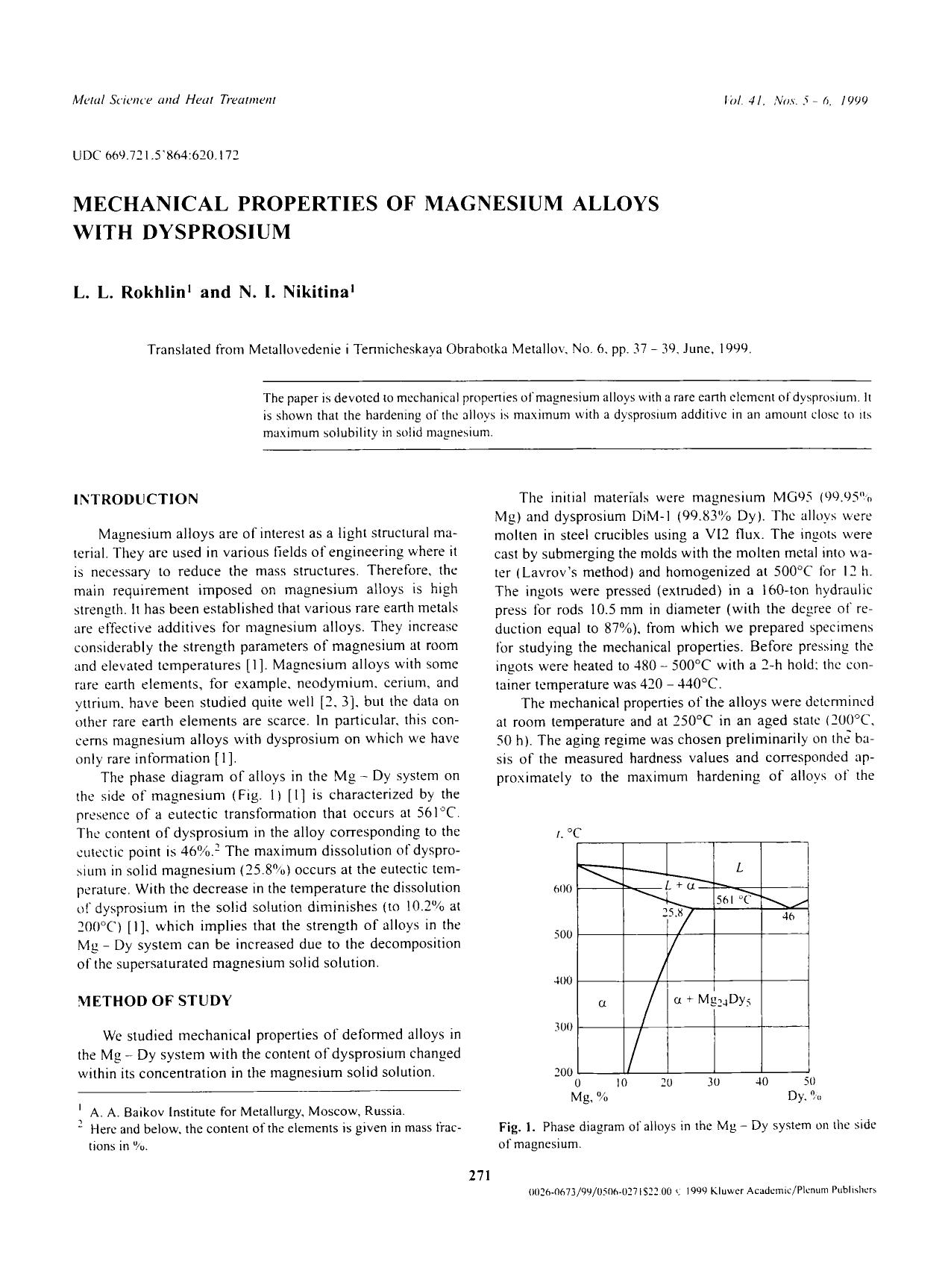Mechanical properties of magnesium alloys with dysprosium by Unknown