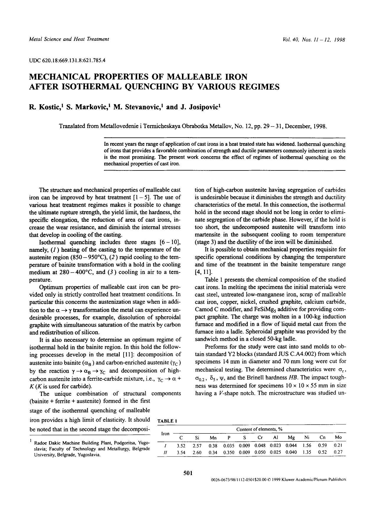 Mechanical properties of malleable iron after isothermal quenching by various regimes by Unknown