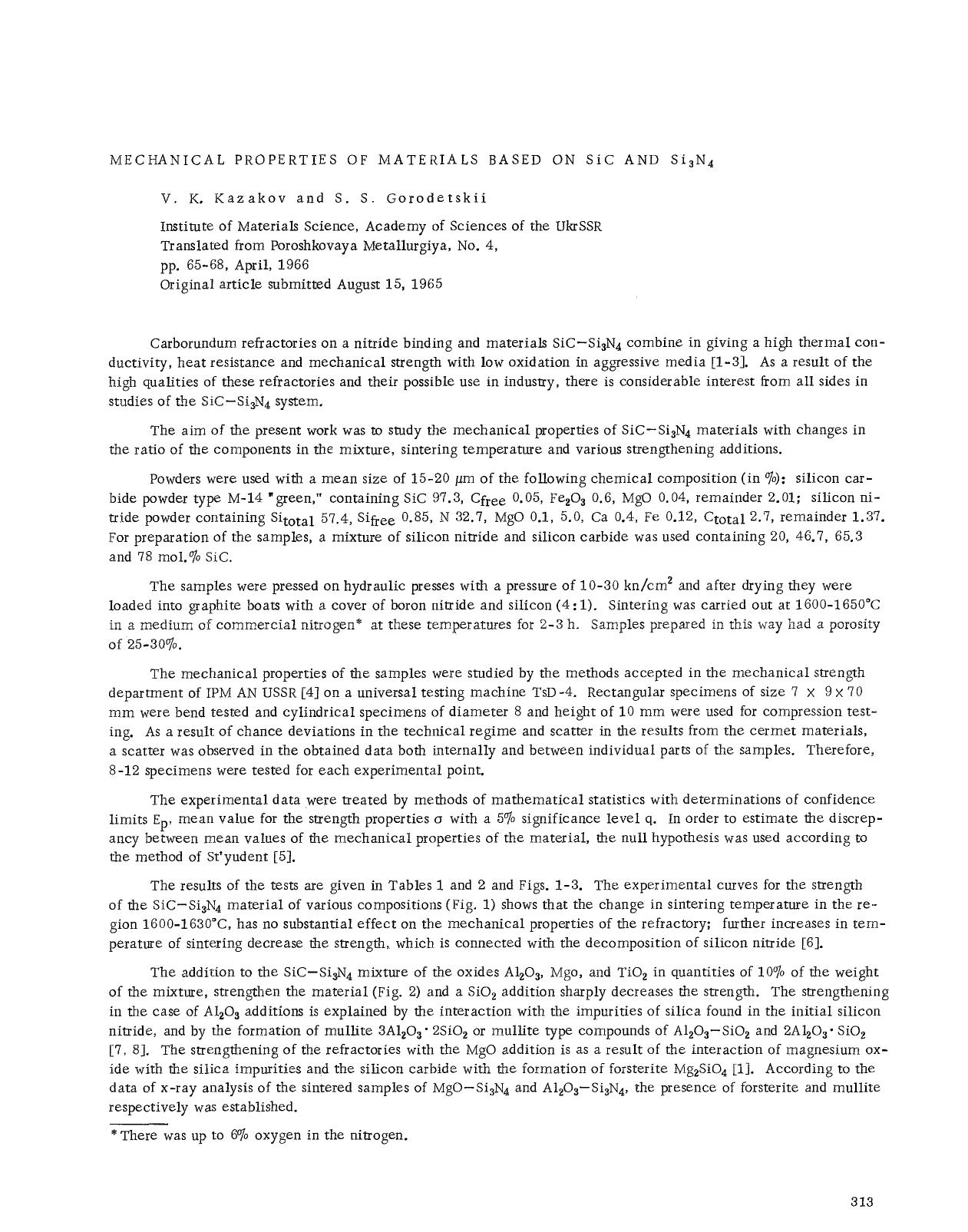 Mechanical properties of materials based on SiC and Si <Subscript>3 <Subscript>N <Subscript>4 <Subscript> by Unknown