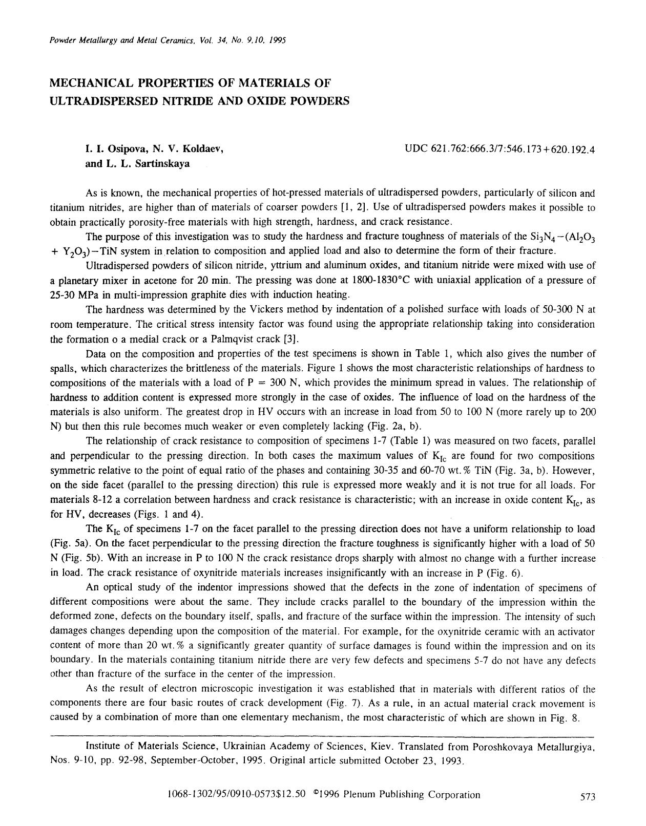 Mechanical properties of materials of ultradispersed nitride and oxide powders by Unknown
