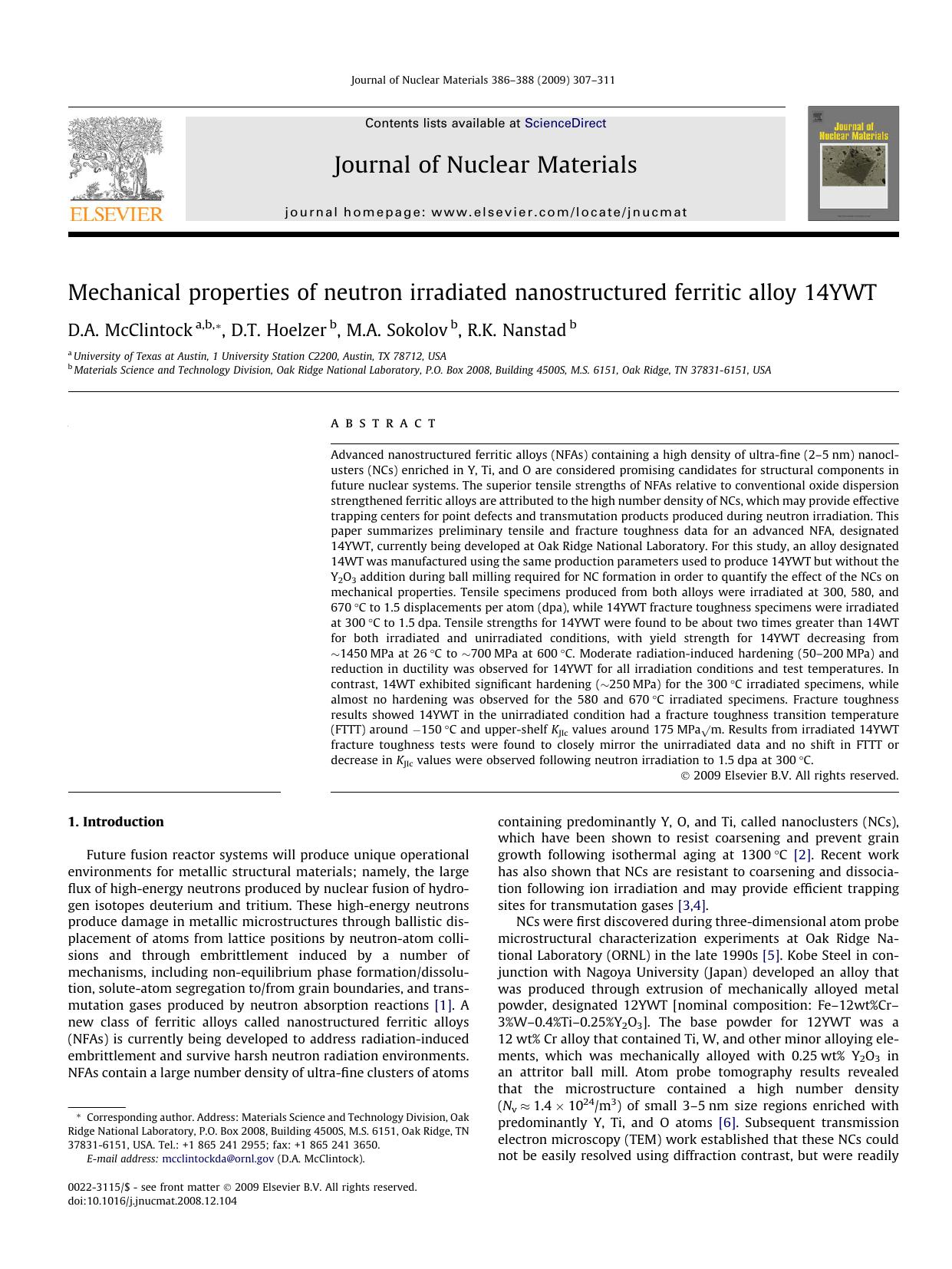 Mechanical properties of neutron irradiated nanostructured ferritic alloy 14YWT by D.A. McClintock; D.T. Hoelzer; M.A. Sokolov; R.K. Nanstad