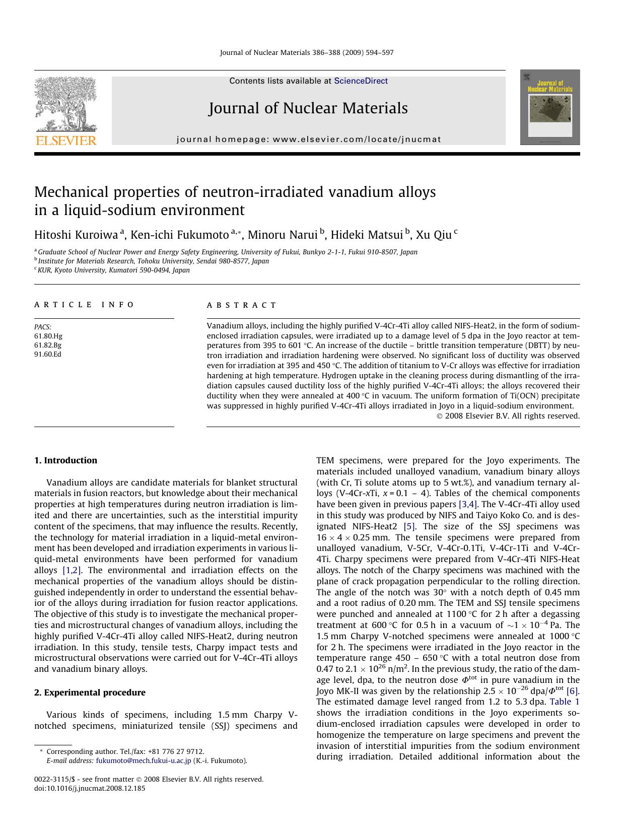 Mechanical properties of neutron-irradiated vanadium alloys in a liquid-sodium environment by Hitoshi Kuroiwa; Ken-ichi Fukumoto; Minoru Narui; Hideki Matsui; Xu Qiu