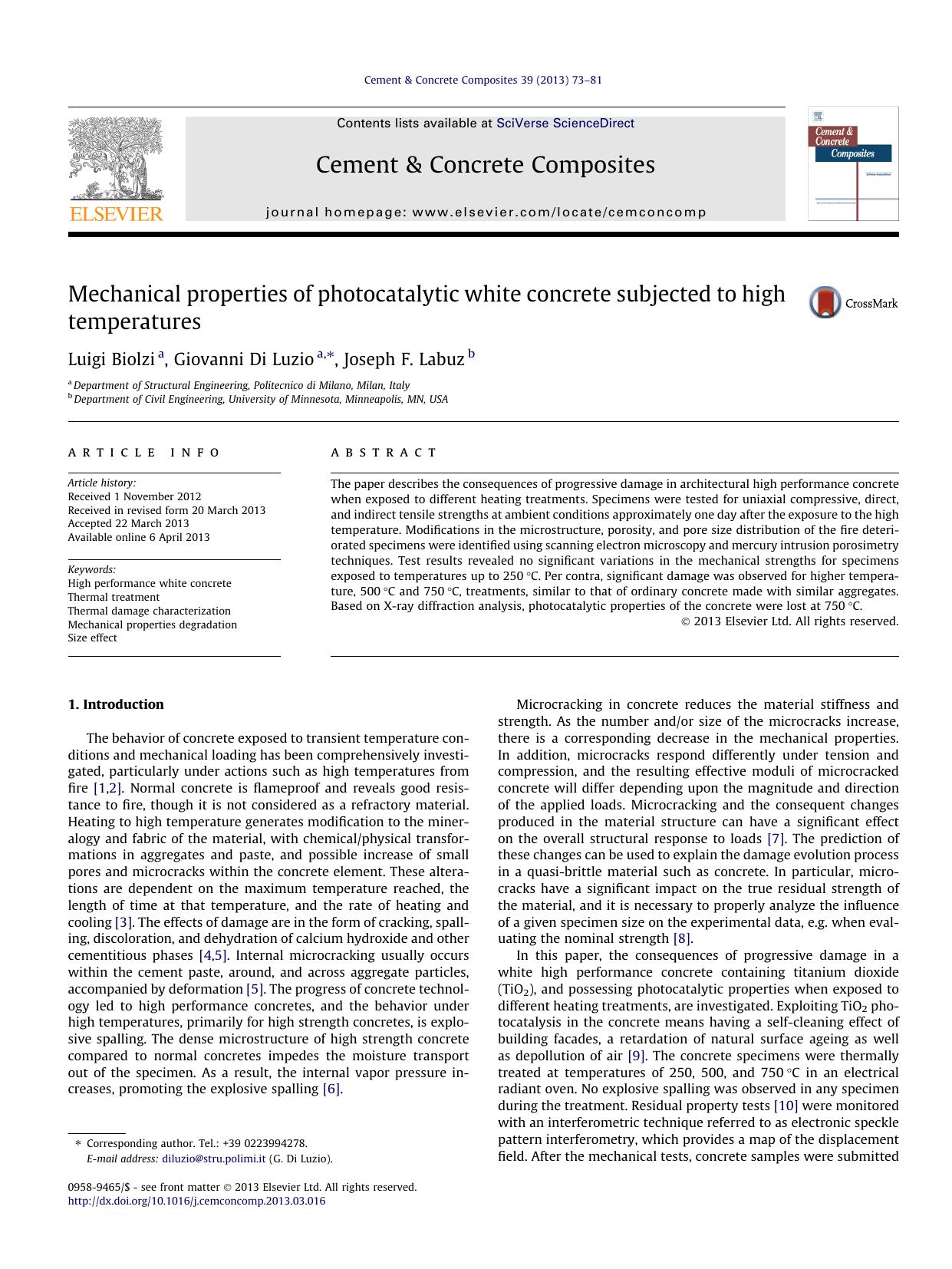Mechanical properties of photocatalytic white concrete subjected to high temperatures by Luigi Biolzi & Giovanni Di Luzio & Joseph F. Labuz