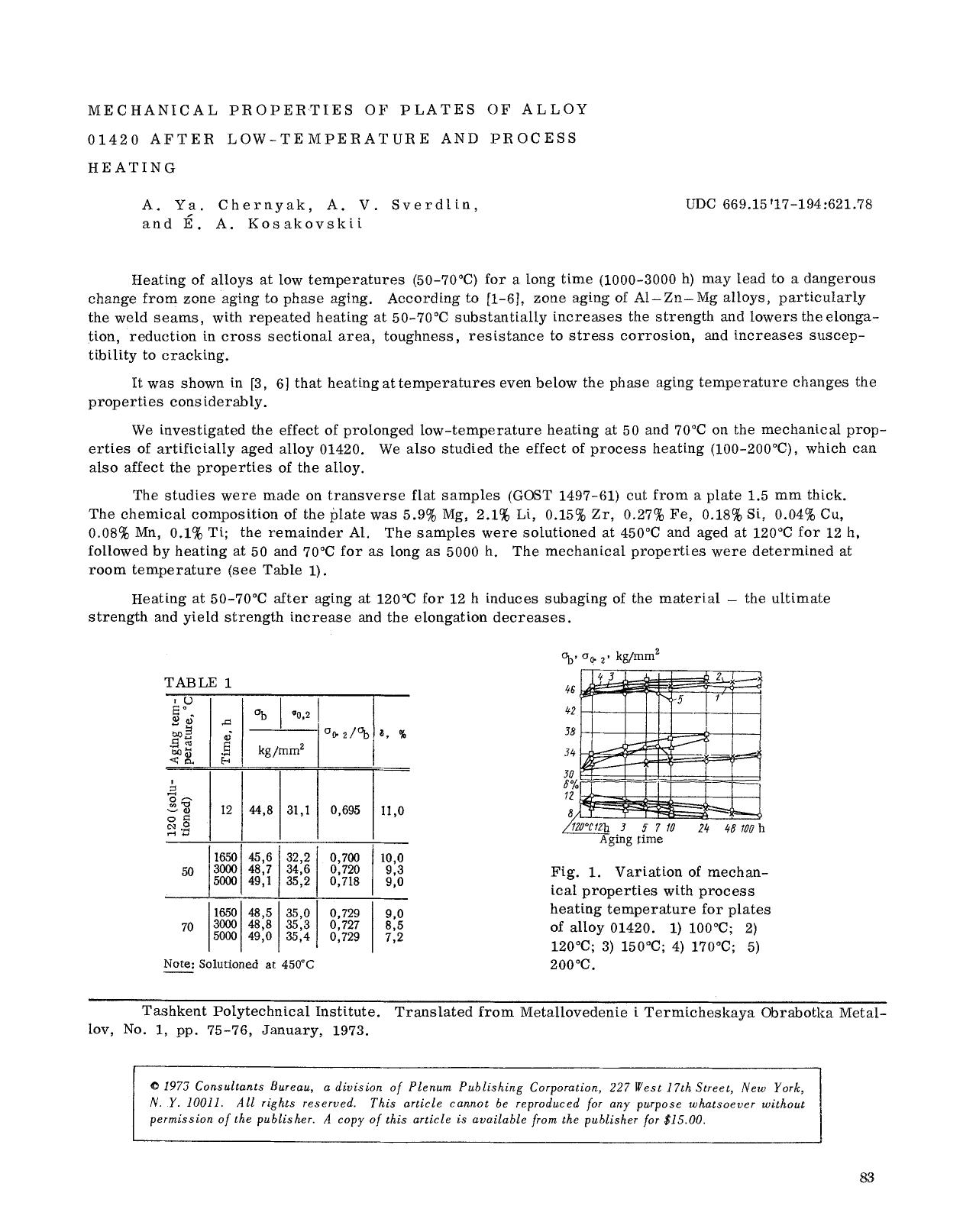 Mechanical properties of plates of alloy 01420 after low-temperature and process heating by Unknown