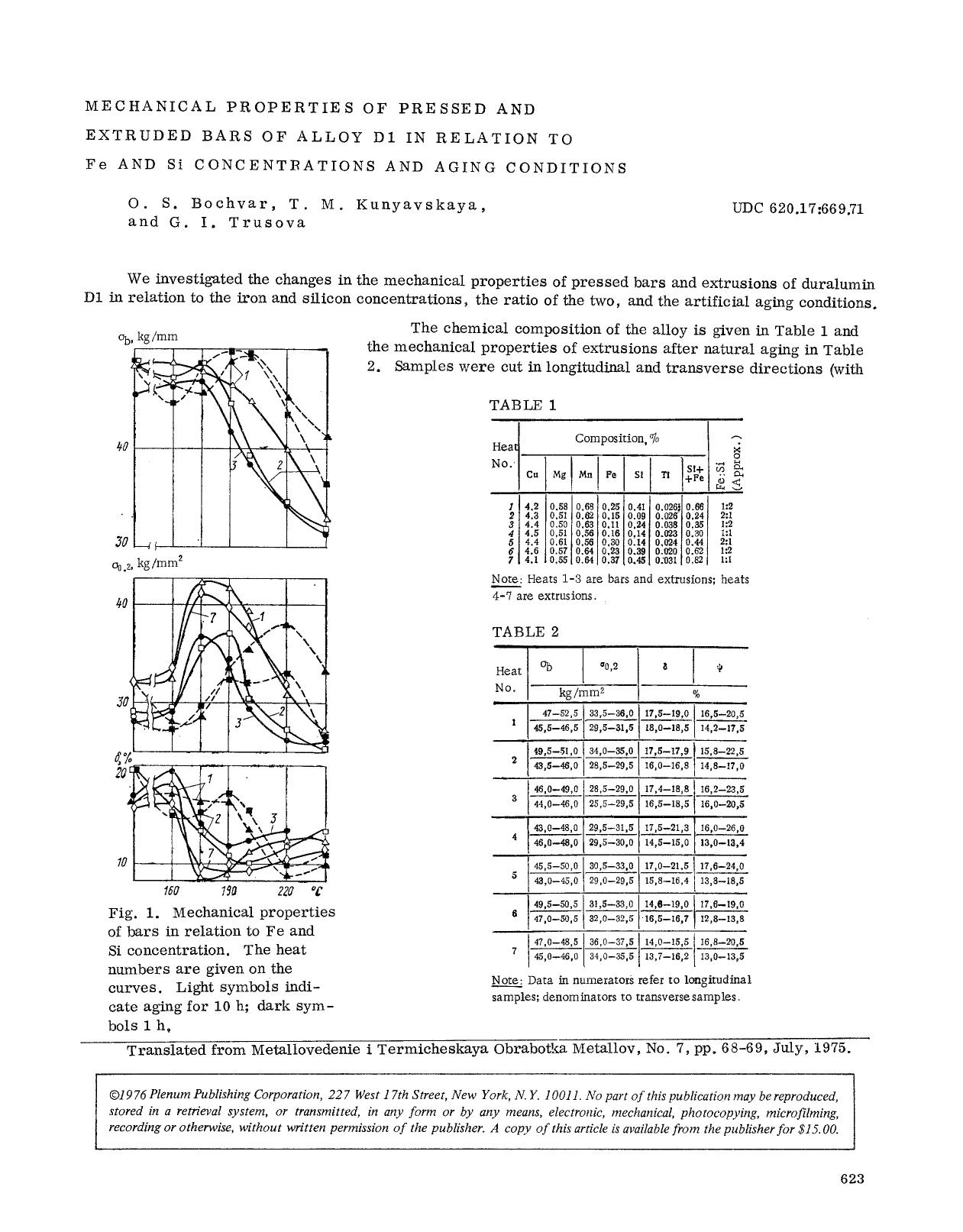 Mechanical properties of pressed and extruded bars of alloy D1 in relation to Fe and Si concentrations and aging conditions by Unknown