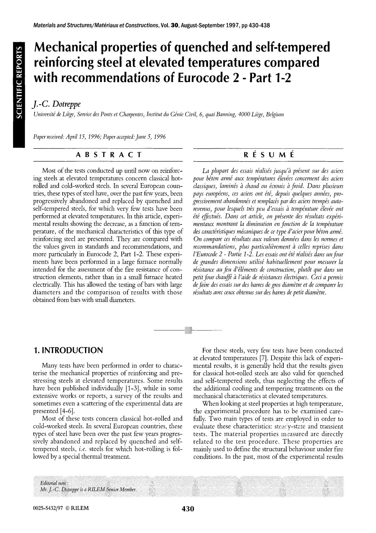 Mechanical properties of quenched and self-tempered reinforcing steel at elevated temperatures compared with recommendations of Eurocode 2-Part 1&#x2013;2 by Unknown