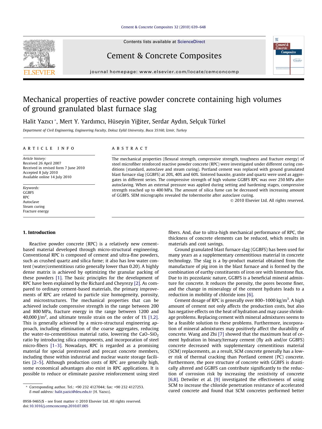 Mechanical properties of reactive powder concrete containing high volumes of ground granulated blast furnace slag by Halit YazÄ±cÄ± & Mert Y. Yardımcı & Hüseyin Yiğiter & Serdar Aydın & Selçuk Türkel